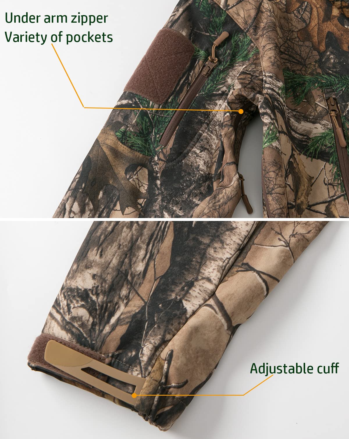 NAVEKULL Stille Jagdkleidung für Herren, Softshell-Outdoor-Wanderjacke, Camouflage, wasserabweisend, Fleece, Kapuzenmantel mit Taschen