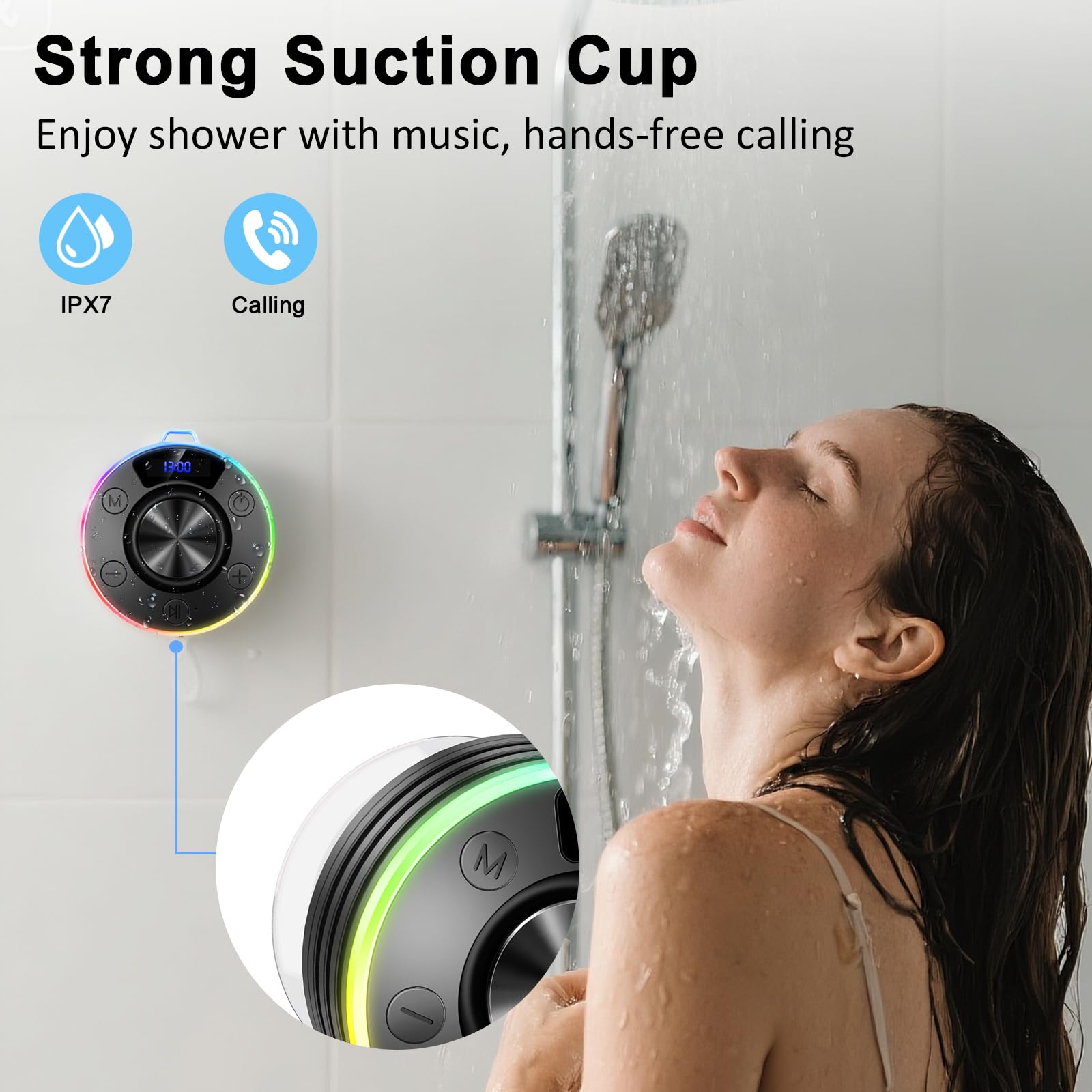 Wasserdichter Bluetooth Duschlautsprecher mit Zeitanzeige, IPX7 Waterproof Shower Speaker, Starker Bass, Saugnapf & Hakenclip, Freisprecheinrichtung, Musikbox für Badezimmer, Strand