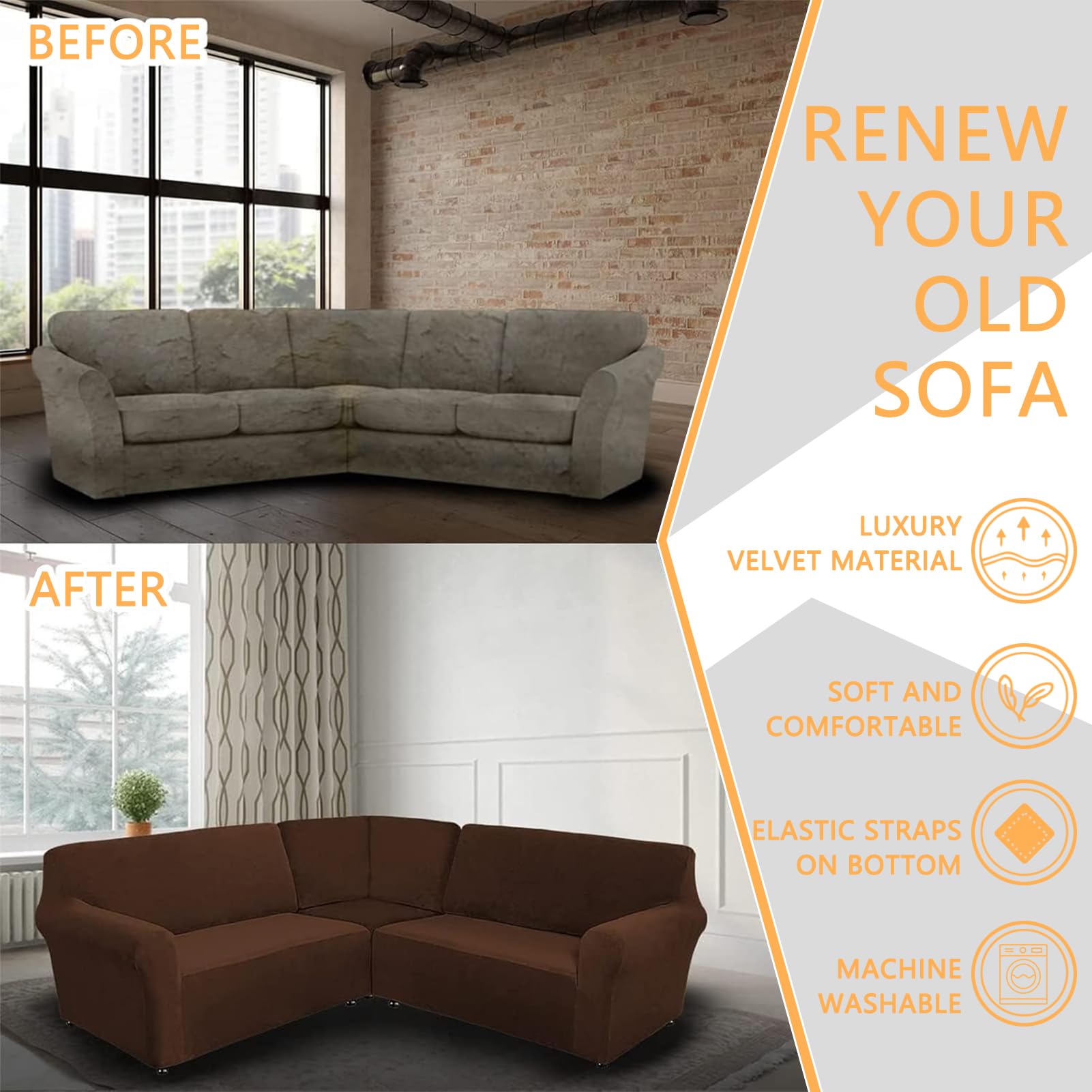 3-teilige Corner Couch Abdeckung, Sofabezug L Form Stretch Sofabezug aus Samt für 5/7 Sitzer Ecksofa, Anti Rutsch Sofa Überzug L Form Dicker weicher waschbarer Möbelschutz (Brown-3,5-Seater)