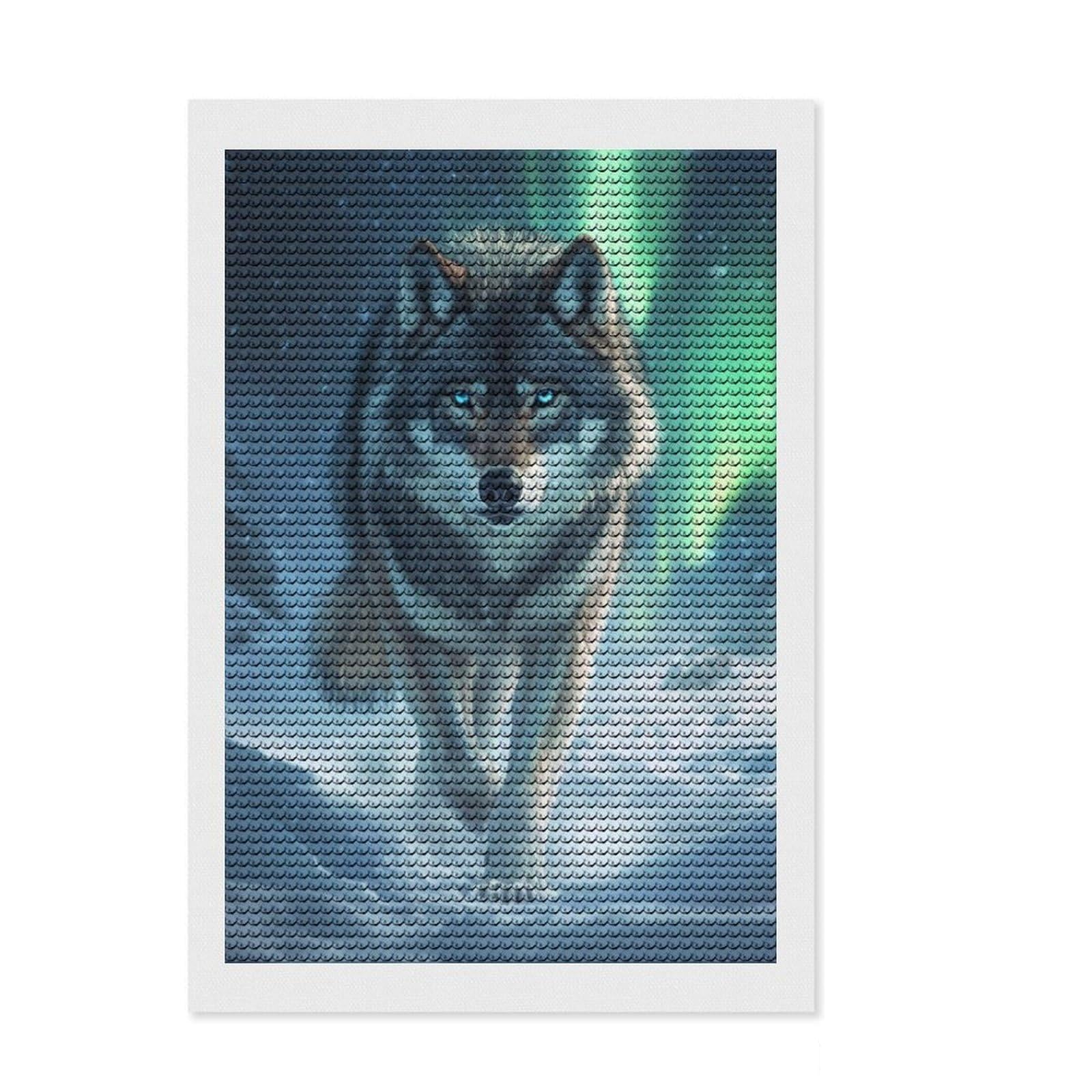 Junmoney Wolf Under Aurora Borealis Full Drill Diamond Painting Kit 8"x12", for Craft Lovers, Easy Handmade Project, Office Decor, Christmas Gift