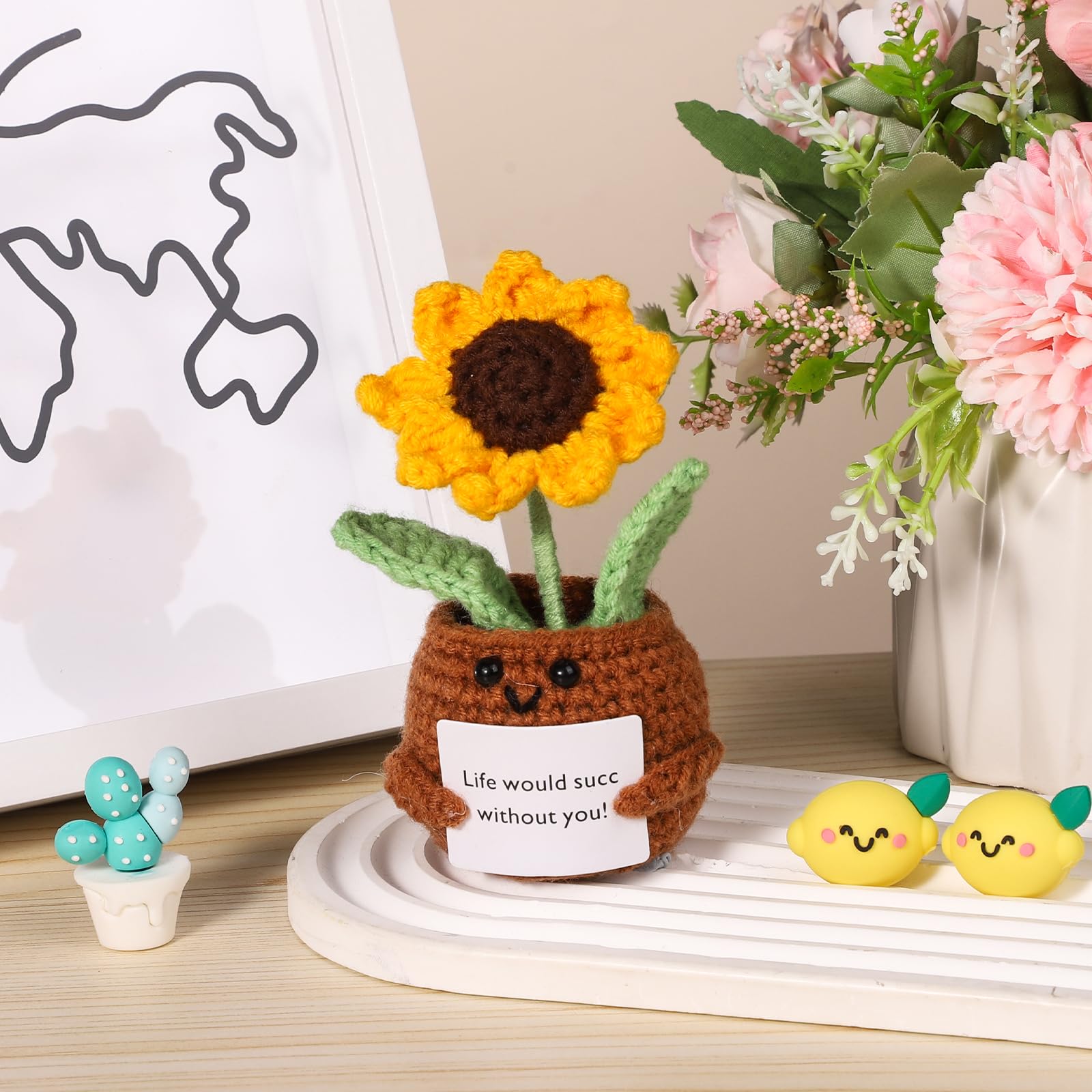 Gehäkelte Sonnenblume Mit Positiv-Karte – Handgemachte Deko-Pflanze Aus Wollgarn, 11 Cm, Perfektes Geschenk Für Freunde & Familie