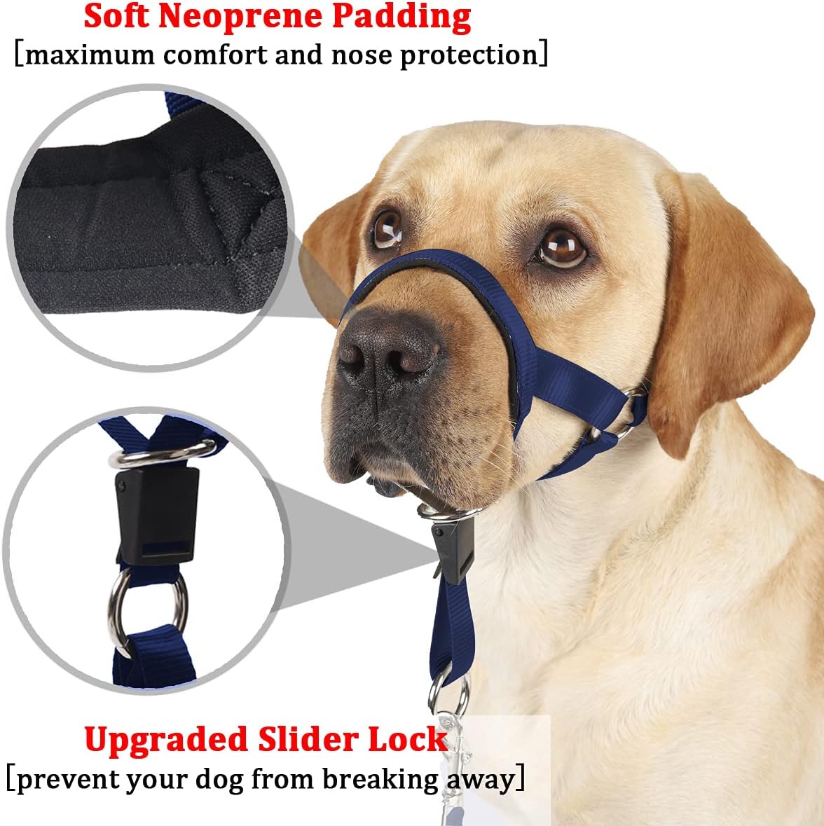 Barkless Dog Head Collar, No Pull Head Halter for Dogs, Adjustable, Padded Headcollar with Training Guide - Stops Pulling and Choking on Walks, Navy Blue, M : Pet Supplies
