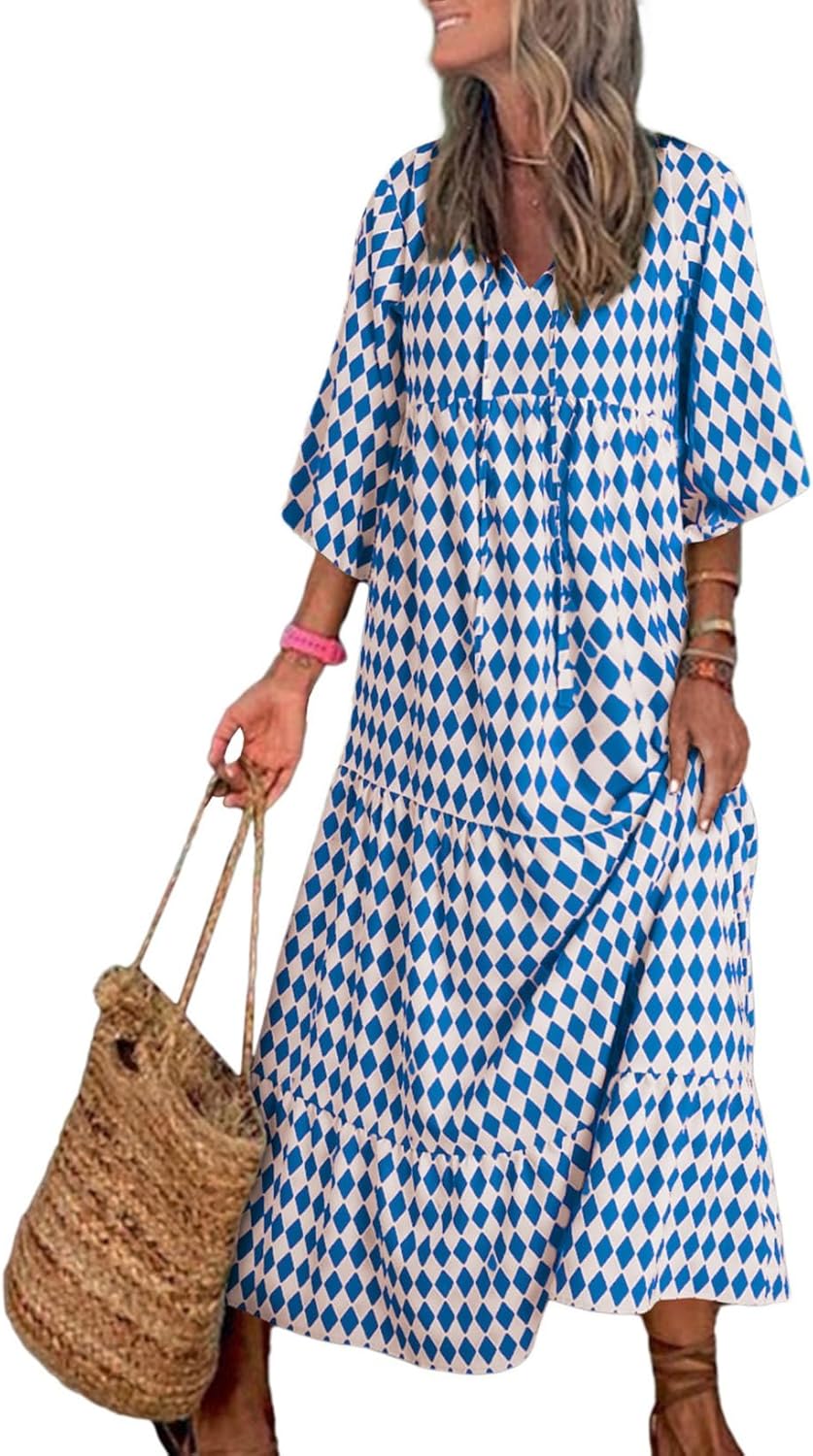 Dokotoo Wedding Guest Dresses for Women 2025 Long Lantern Sleeve Maxi Dress V Neck Ruffle A Line Boho Dress Flowy Casual Beach Dresses Medium Blue