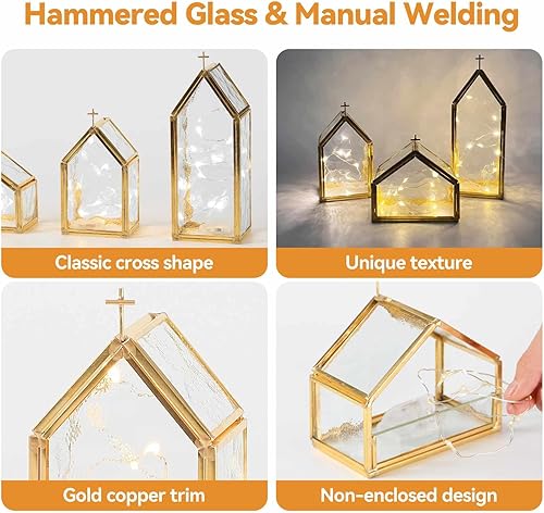 Miniatura 4 de Juego de 3 portavelas de cristal dorado con marco de metal de cobre y diseño de cruz, portavelas decorativos de Navidad para centro de mesa,