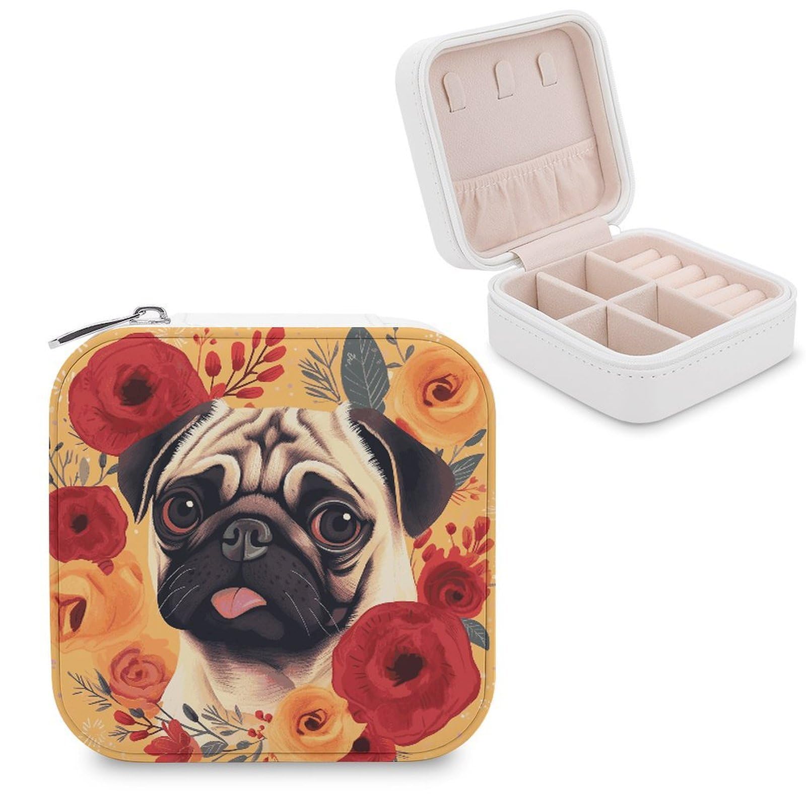 JTREHY Travel Pug Flower Jewelry Case Portable Display Storage Box PU Leather Mini Jewelry Travel Case Personalized Travel Jewelry Organizer Small Jewelry Box for Women