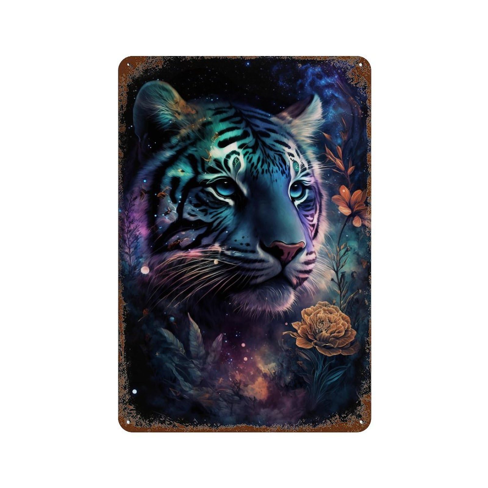 Galactic Tiger Fantasy Artwork 11.8"x7.9" Rust Effect Tin Sign, Vintage Wall Decor for Farmhouse, Kitchen And Entryway Decor