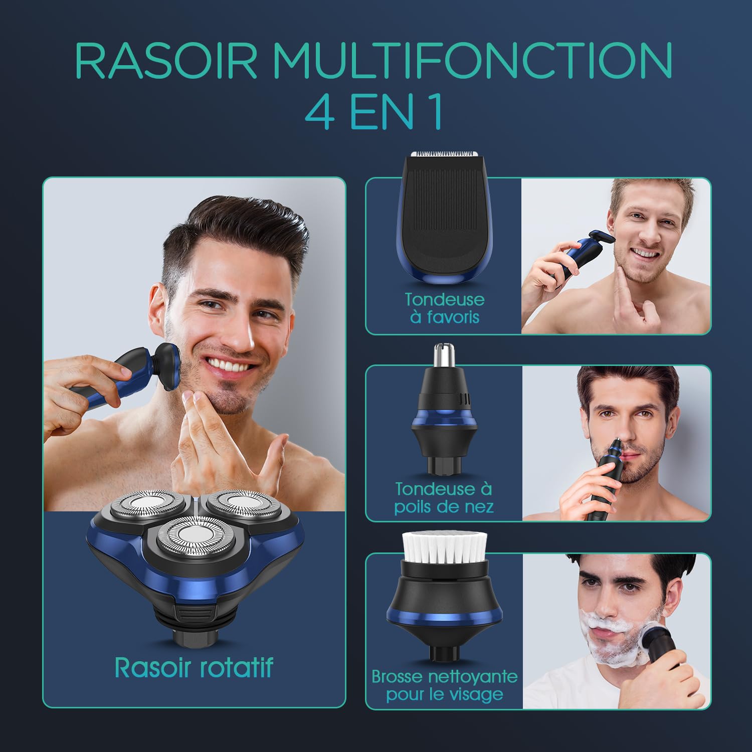 VOYOR Rasoir Électriques Hommes, Têtes Flottantes 3D Rasoir Barbe Homme | 4 Têtes Multifonctions, Rasage Sans Fil, Entièrement Étanche, LCD, Poignée Antidérapante, Verrouillage de Voyage TX410 Bleu