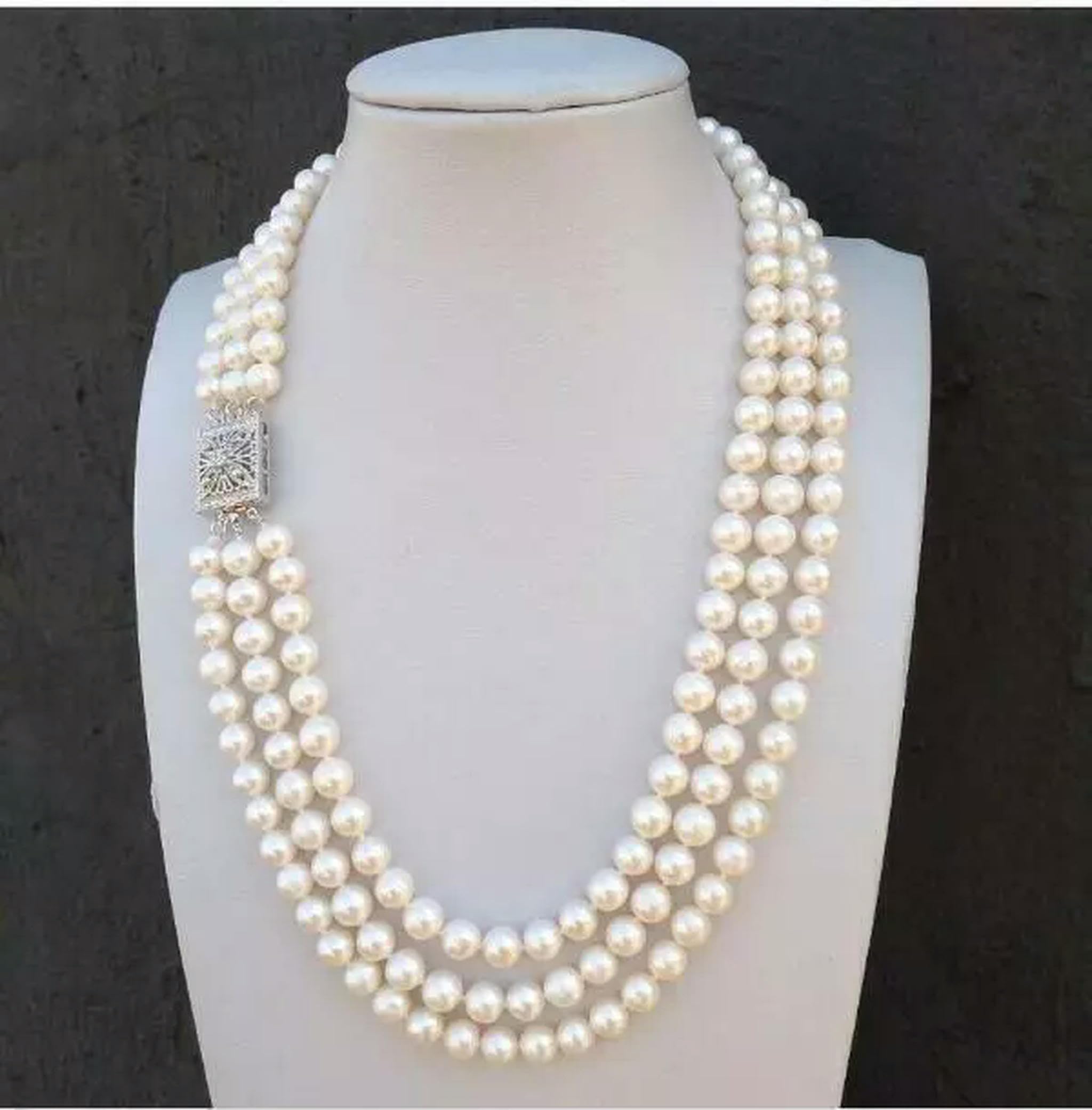 Collar de Tres Vueltas con Perlas Blancas genuinas de los Mares del Sur (AAA), 7-8 mm, 45,7 cm, 48,2 cm y 50,8 cm, Plata 925