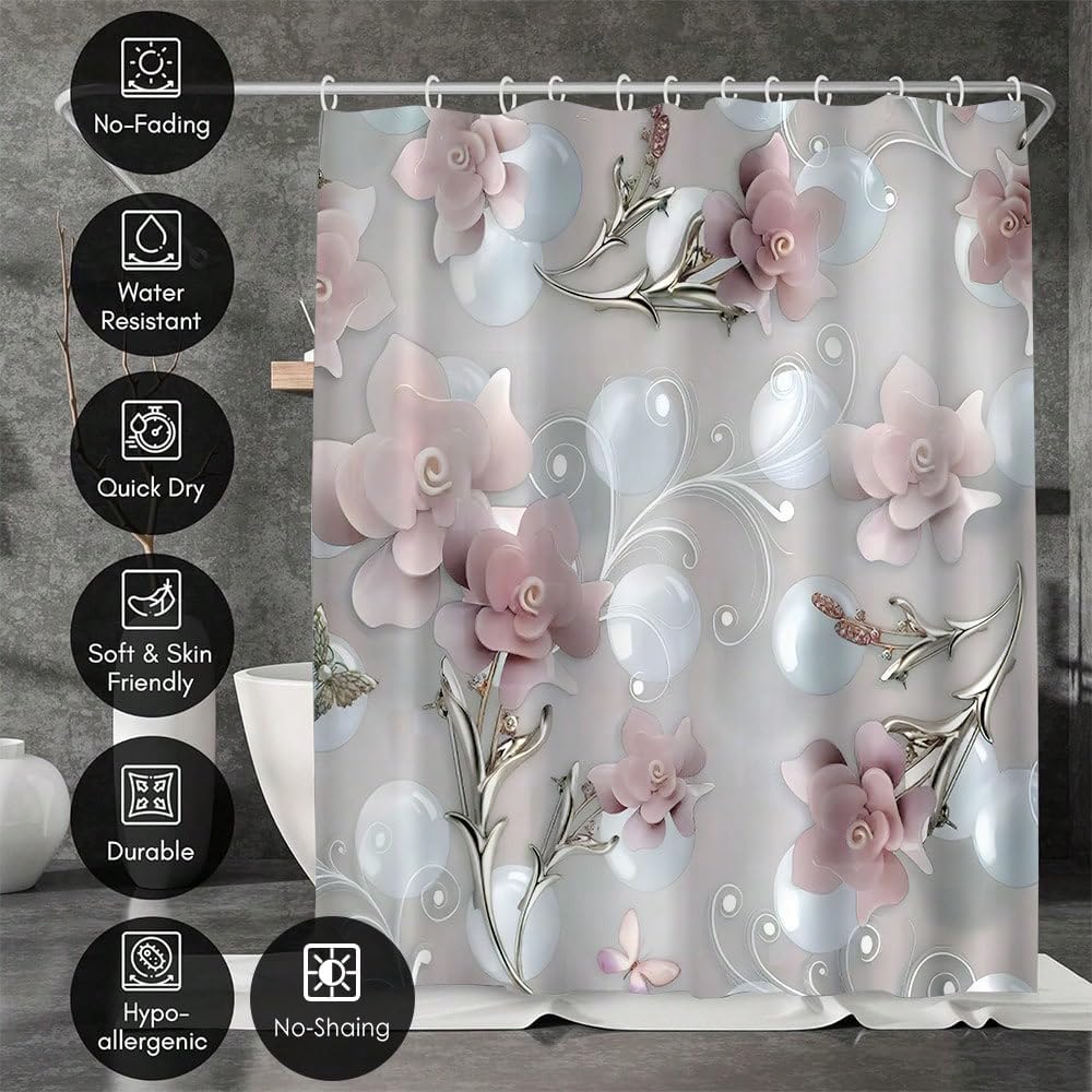 Rideau de Douche Nordique à Motif Floral 3D en Relief, Rideau de Douche de Salle de Bain imprimé en 3D avec Motif Floral Rose et Blanc (300 x 180 cm / 118 x 71 po (L x H))