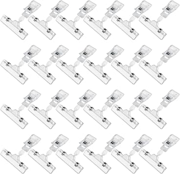 Clear Sign Clips on Merchandise Display 24 Pack Plastic Label Pop Clips on Sign Holder Shelf Double Sided Swivel Price Tag Clips on Clothing Rack Signs Rotatable Menu Clips for Sale Retail Display