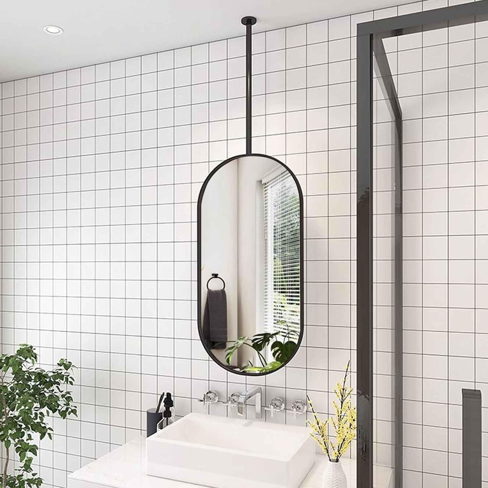 FGXHHS Black Metal Pole Ceiling Mounted Suspended Mirrors Clear and Practical Oval Shaving Mirror for Bathroom Washroom - Customisable Rod(40cmx60cm)