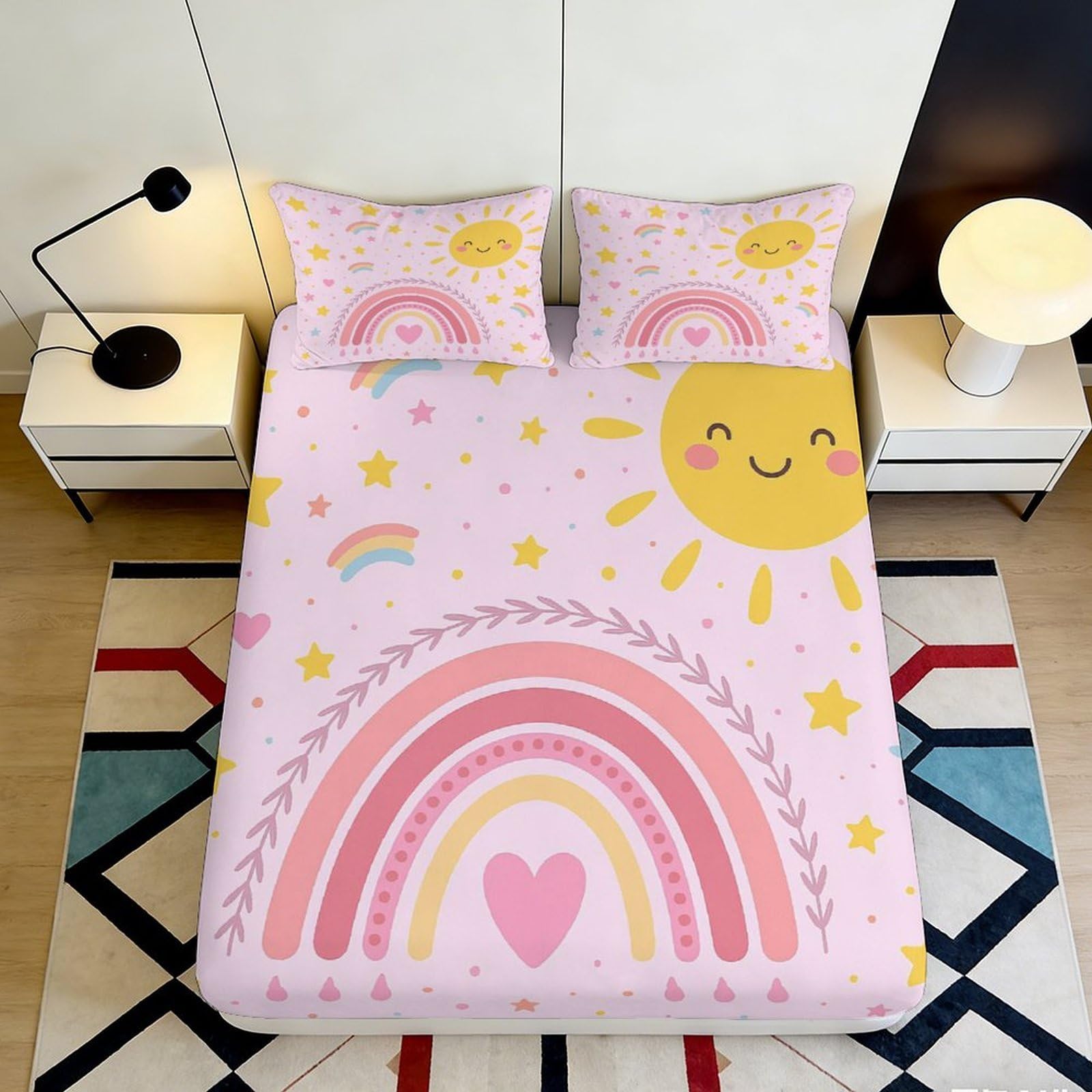 3D Printed Rainbow Sun Fitted Sheet Microfiber Deep Pocket Bedding Set Rainbow Mattress Fitted Cover Non-Slip Elastic Hem Washable for Bedroom 200x200x25cm