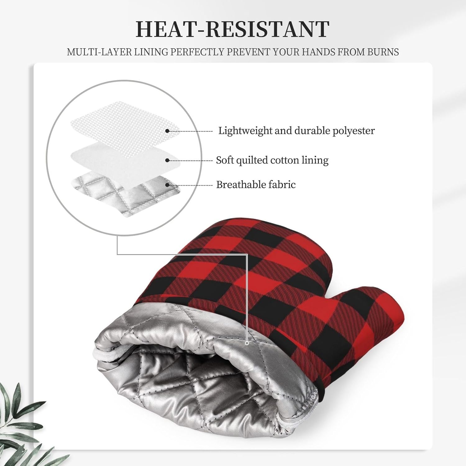 Buffalo Plaid Black and Red Oven Mitts and Pot Holders Set, 4pcs Black Red Plaid Silicone Oven Glove for Kitchen Heat Resistant Oven Mitts and Potholders Non-Slip for Cooking