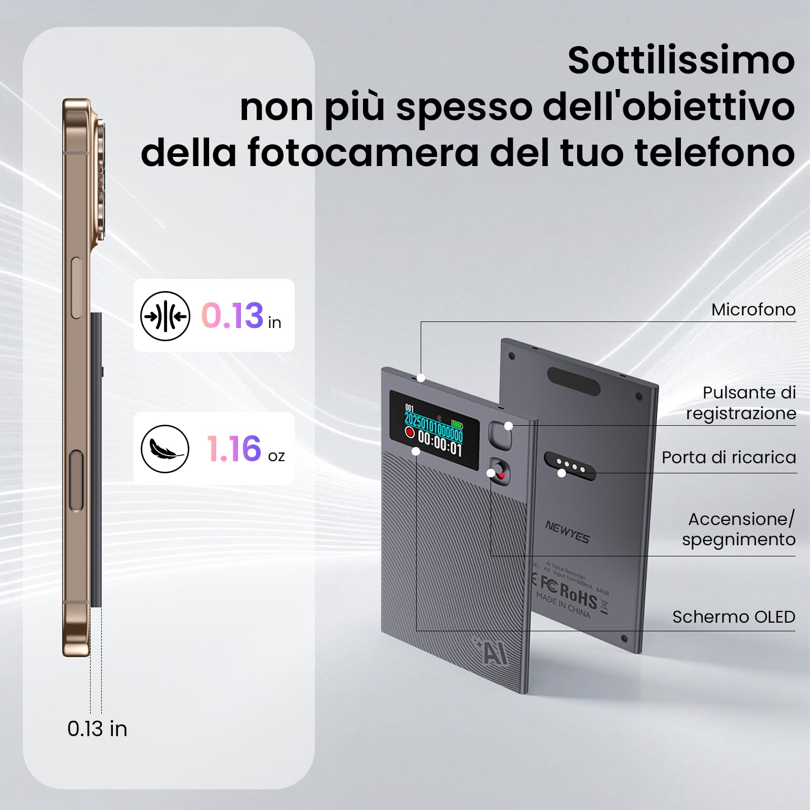 NEWYES Ailog Registratore Vocale AI con App Dedicata, Trascrive e Riepiloga, Traduzione in Oltre 188 Lingue, Memoria da 64 GB per Riunioni, Lezioni, Chiamate, Affari