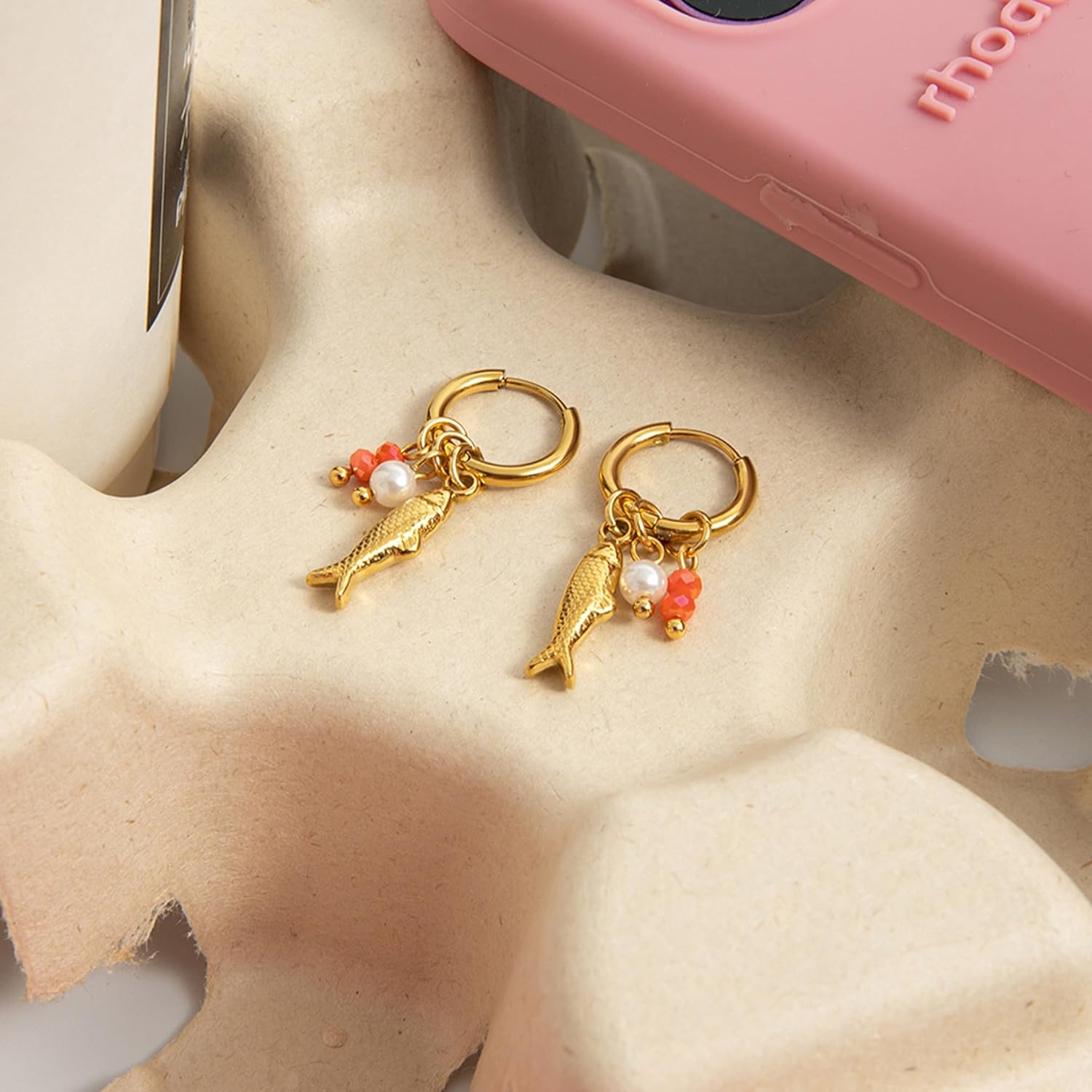 Beach Fish Earrings for Women - Boho Gold Pearl Red Bead Fish Earrings, Bohemian Beach Jewelry | Ocean Waterproof Summer Jewelry for Vacation - Image 6