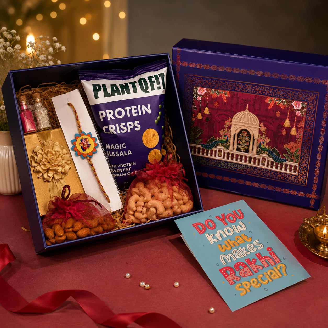 PLANTQFIT Premium Raksha Bandhan Gift Hamper for Brother & Sister | 2 Plantable Seed Rakhis, High-Protein Snacks, Dry Fruits & Chocolate in Royal Blue Gift Box-image-47