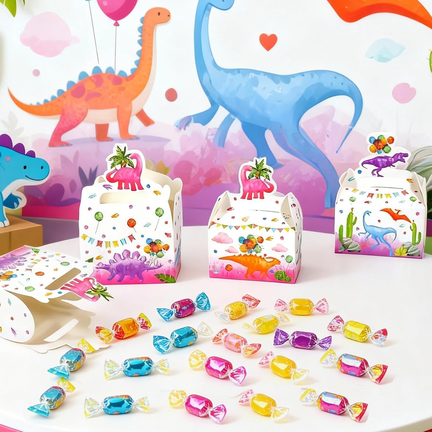SunPhoenix 12 Pack Dinosaur Party Favor Boxes - Girl Dinosaur Party Decorations Dino Themed Candy Goodie Treat Boxes Pink Dino Party Favor Bags for Kids Girl Party Favors Supplies