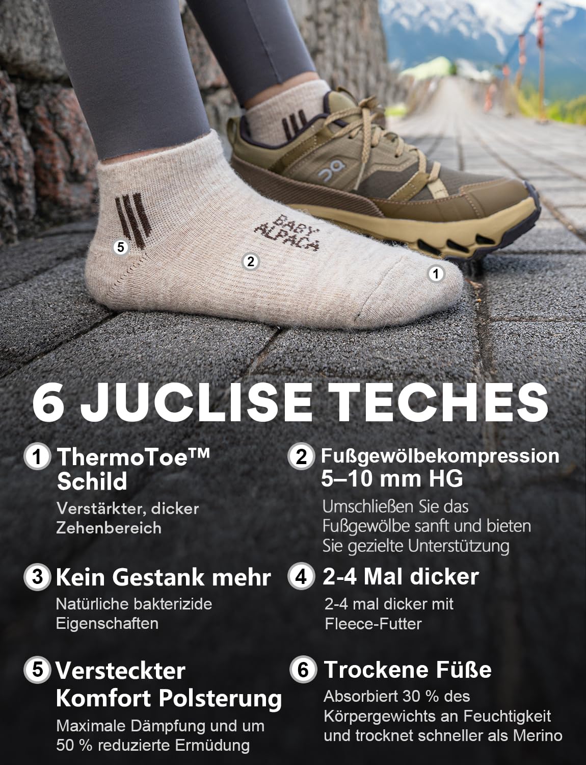 Juclise Sneaker Socken aus Alpaka für Damen & Herren, Wollsocken mit Baby Alpaka & Merino,Atmungsaktiv,Anti-Blasen,Temperaturregulierend, Gepolstert,Leichte Kompression,Wandern & Reisen
