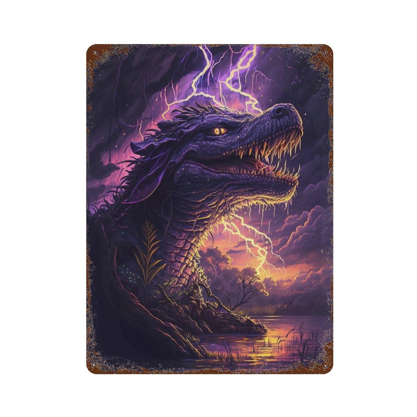Rust Effect Thunder Dragon in Storm Vintage Metal Tin Sign 15.7"x11.8", Vintage Wall Decor for Office, Studio And Wall Decor