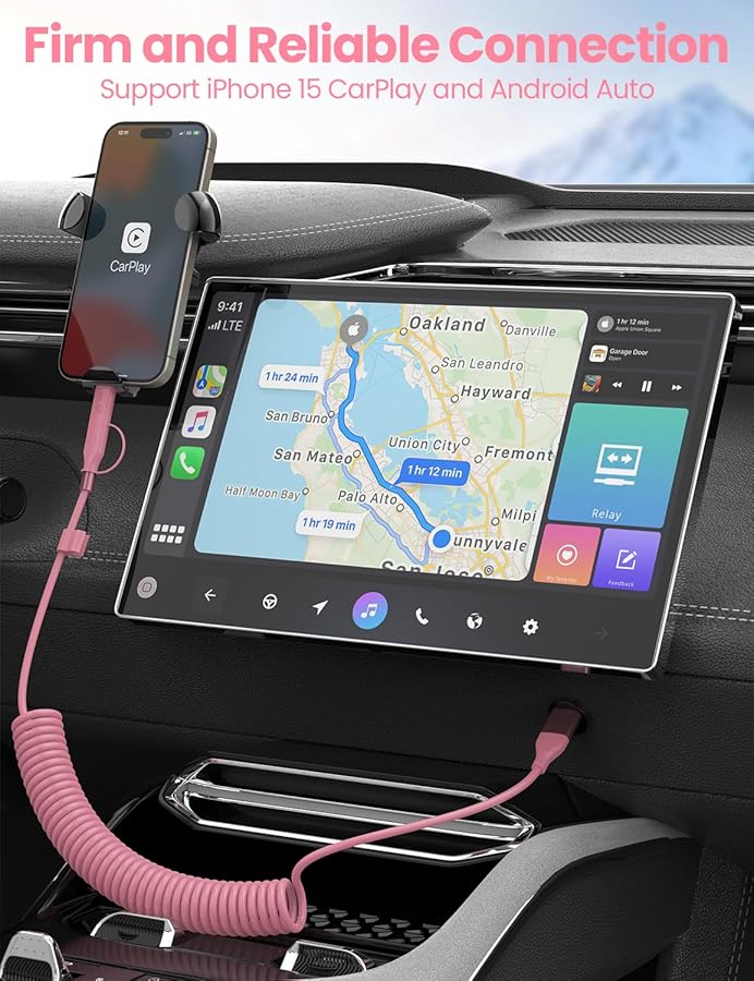 Pink Coiled Car Charging Cable 2-in-1 (USB-C & Lightning), 3FT Cute Car Accessories for iPhone 17/16/15, Samsung Galaxy — Supports Apple CarPlay & Android Auto - image 4