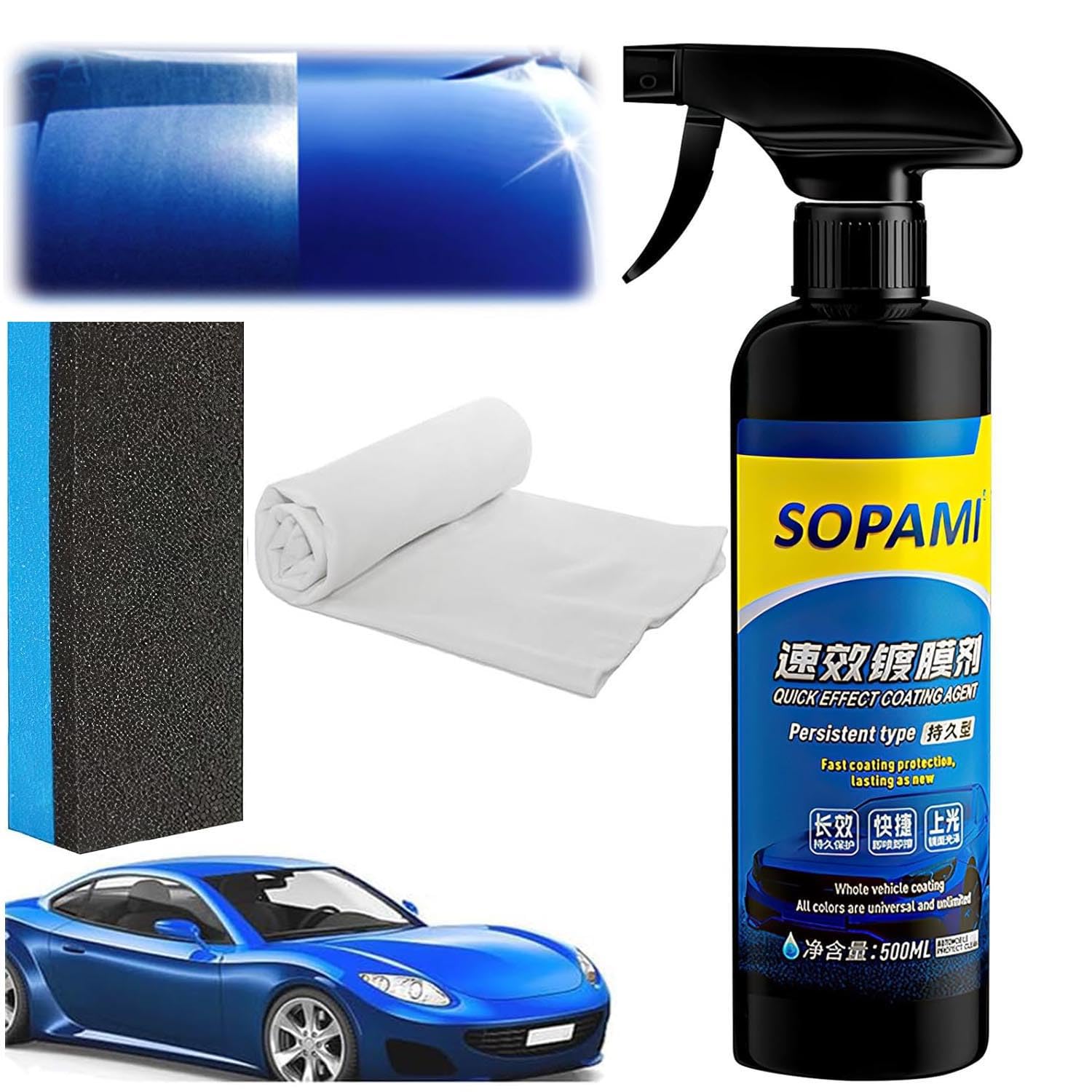 Sopami Car Coating Spray,Sopami Quick Effect Coating Agent,Quickly Coat Car Wax Spray,Sopami Car Scratch Wax Polish Spray Waterless Wash,Sopami Oil Film Emulsion Glass Cleaner (1 Pc+Sponge+Cloth)