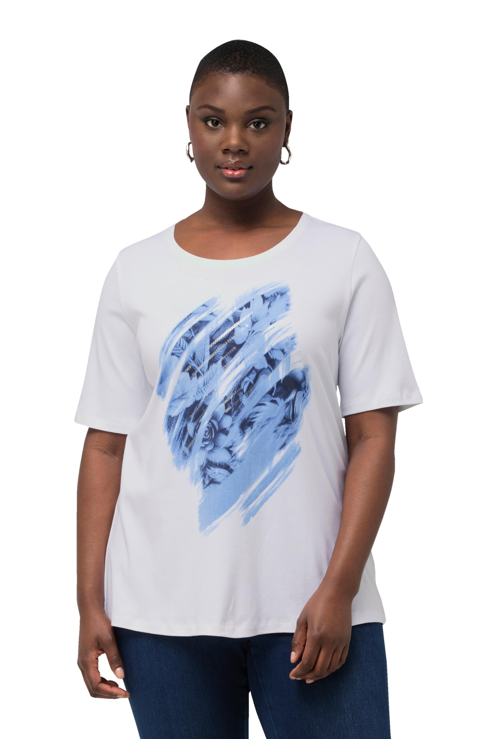 Ulla Popken Damen große Größen Übergrößen Plus Size T-Shirt, Pailletten, Pima Cotton, Rundhals, Halbarm 831843