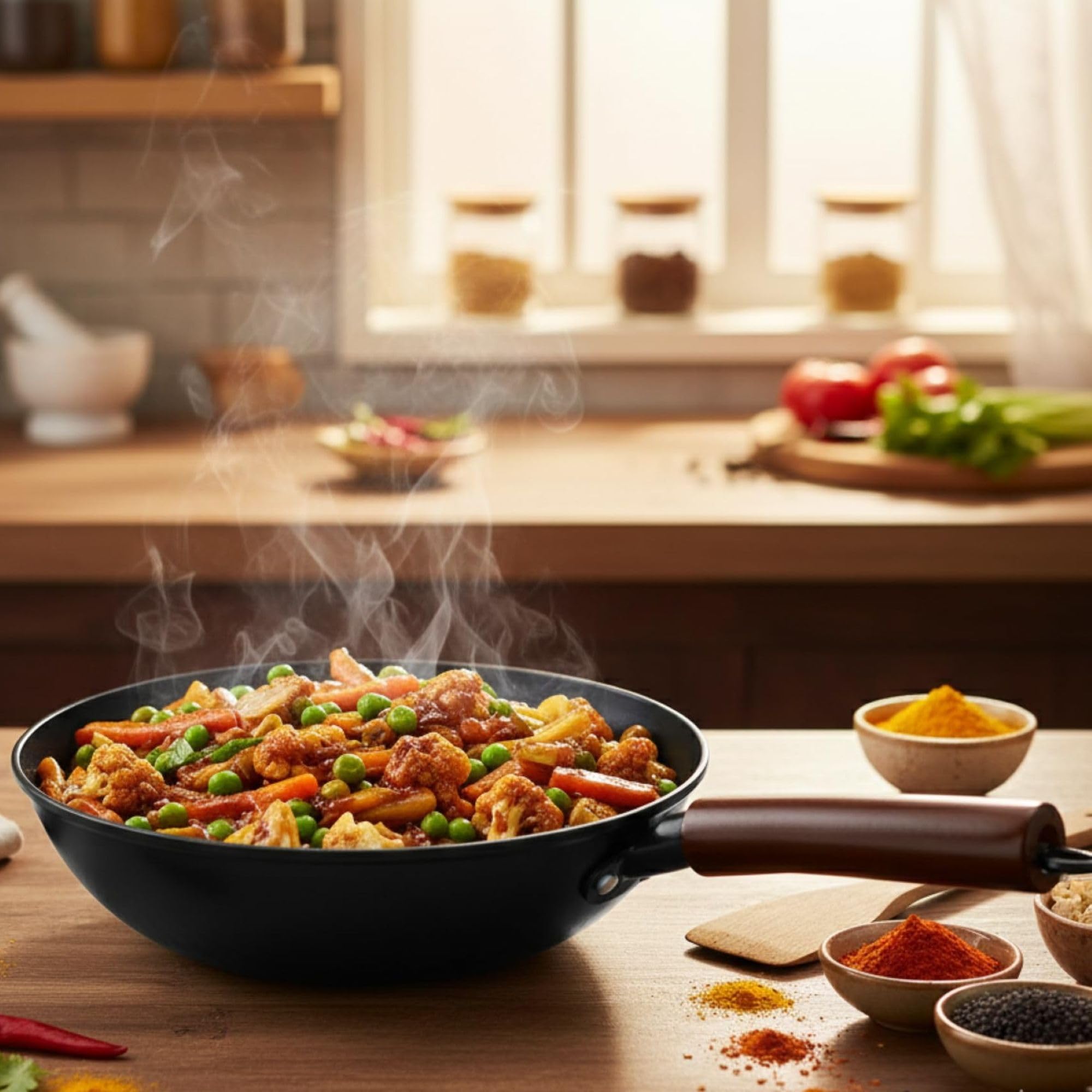 The Better Home Carbon SteelPulse Series Chinese Wok with Handle | Deep Frying Kadai | Carbon Steel Wok | Cooking Pan | Induction Cookware | Kadai for Induction Cooking | (4 L)