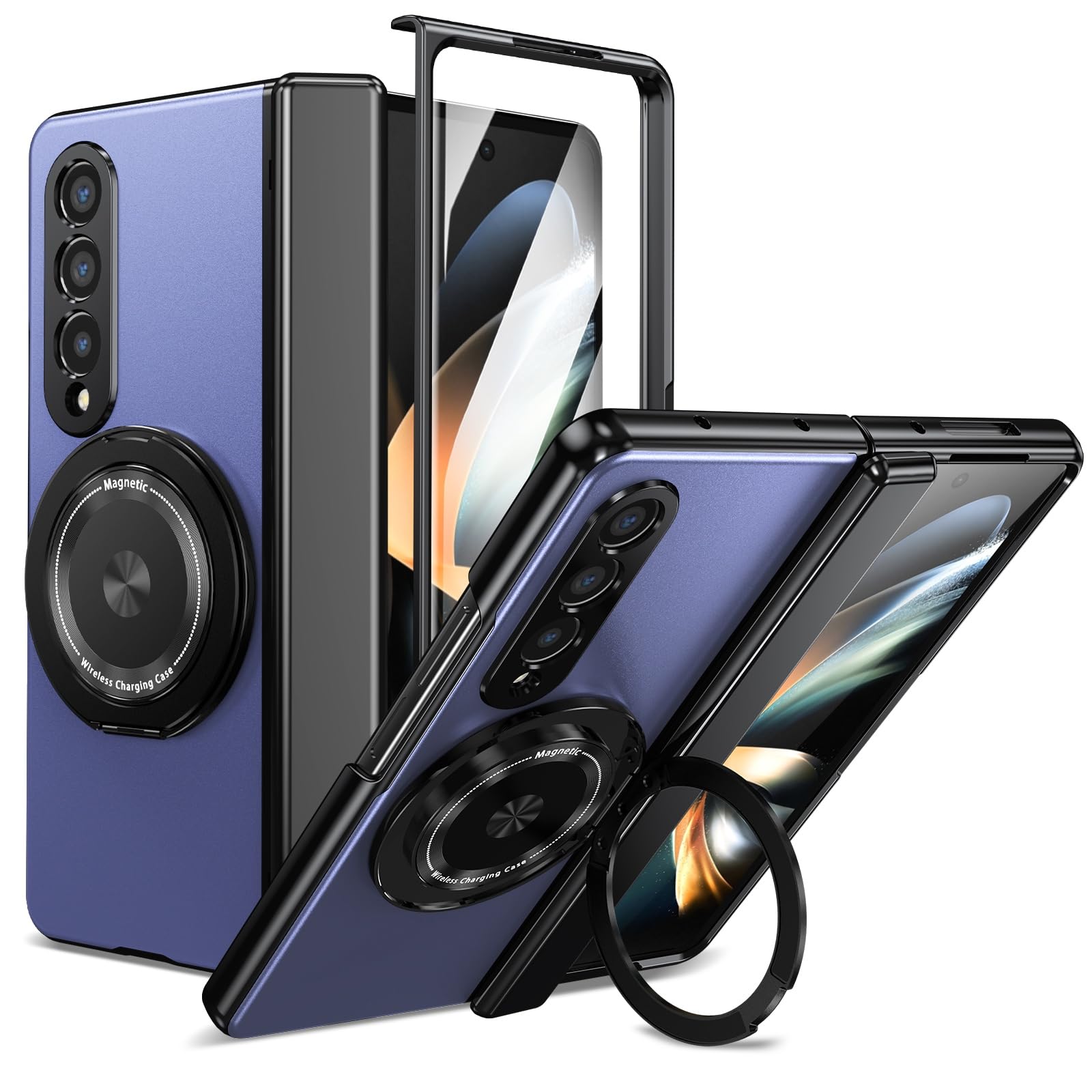 スマホ携帯ケース【Galaxy Z Fold3専用】アルミニウム背板 強化ガラスフィルム ヒンジ保護カバー 回転スタンド ワイヤレス充電対応 折り畳み 薄型軽量 人気 マットの表面 PC 素材 レンズ保護 面白い 滑り防止 個性 ユニーク 指紋防止 衝撃吸収 おしゃれ フリップ 反塵 かわいい Beautycatcher - 青