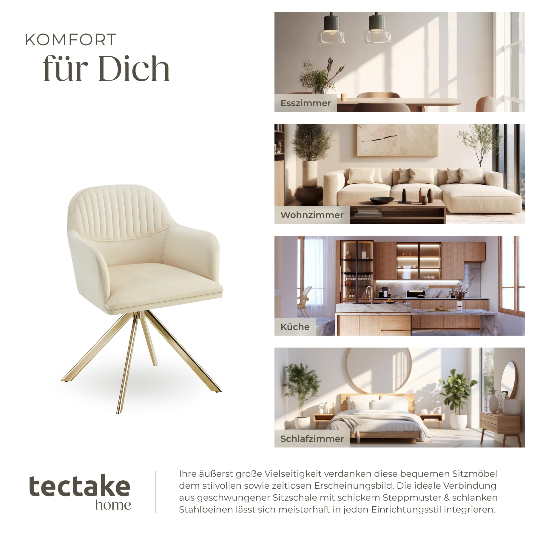 tectake® Esszimmerstuhl drehbar, Armlehnstuhl drehbar, ergonomischer Stuhl Samt, Stühle für Esszimmer, Möbel für Wohnzimmer, Arbeitszimmer, Esstisch, Schminktisch - 2er Set - Creme/Gold