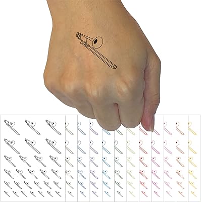 Tenor Trombone Brass Musical Instrument Temporary Tattoo Water Resistant Fake Body Art Set Collection - Brown (One Sheet)