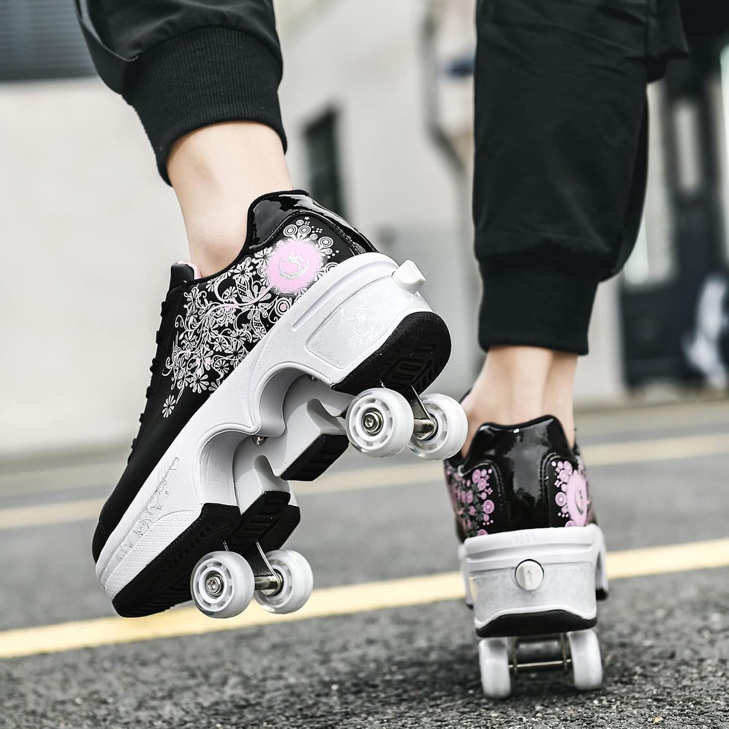 Roller Skate Shoes for Women Four Rounds Children's Roller Skates Shoes that Turn into Rollerskates Sneakers Outdoor Light Shoes with Wheels for Girls/Boys
