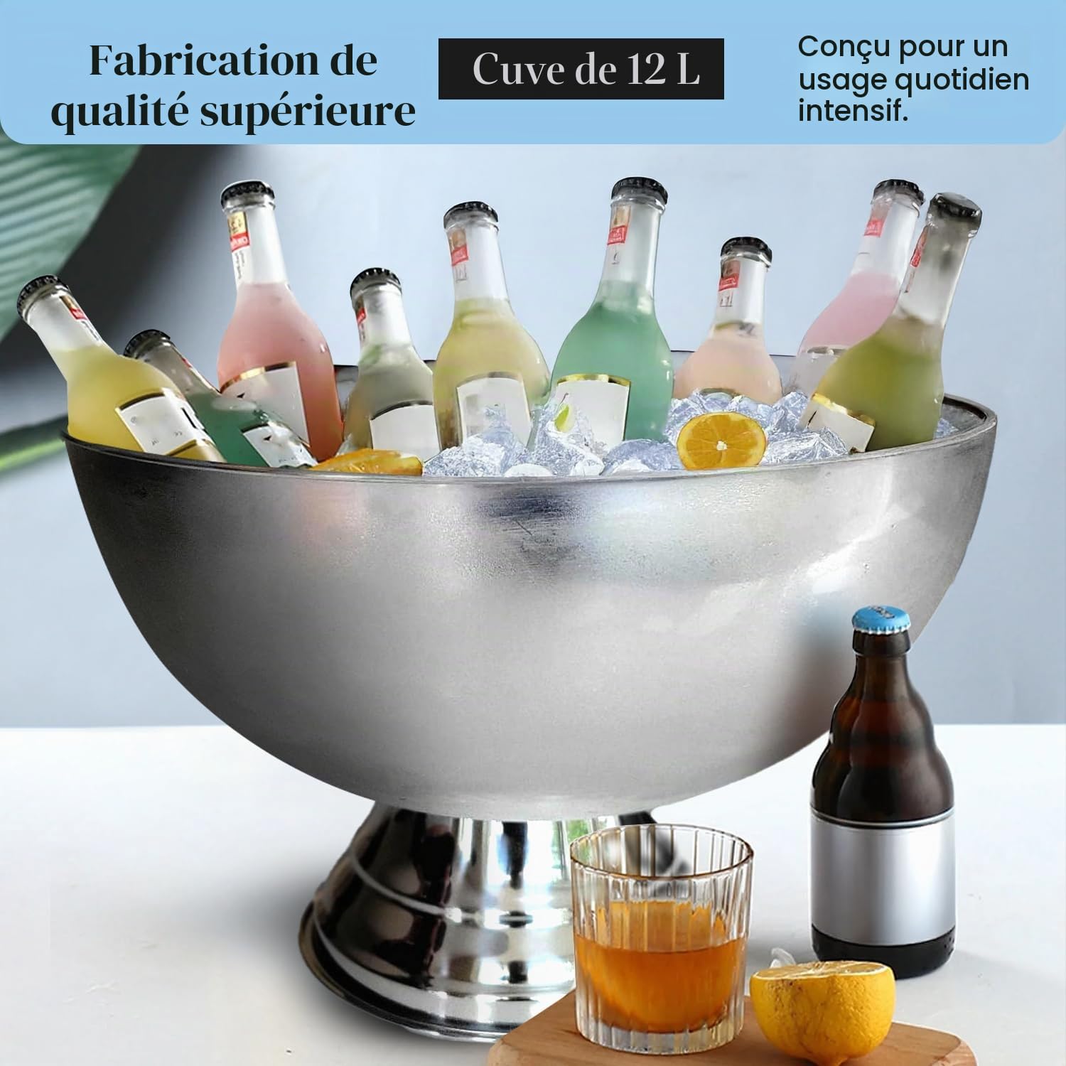 Grand seau à glace de qualité supérieure de 12 L pour fêtes – 40,6 x 40,6 x 25,4 cm – Seau à boisson en acier inoxydable argenté avec pelle – Seau à glace isotherme pour bar à cocktails, bières et