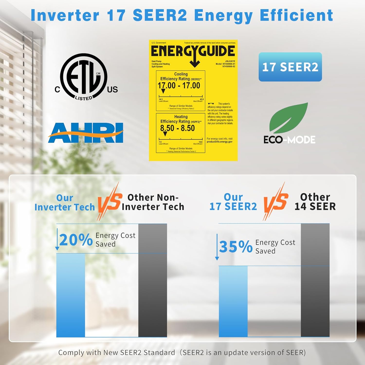 Energy Guide label for 17 SEER2 rating and comparison of inverter vs non-inverter tech and 17 SEER2 vs 14 SEER for energy savings