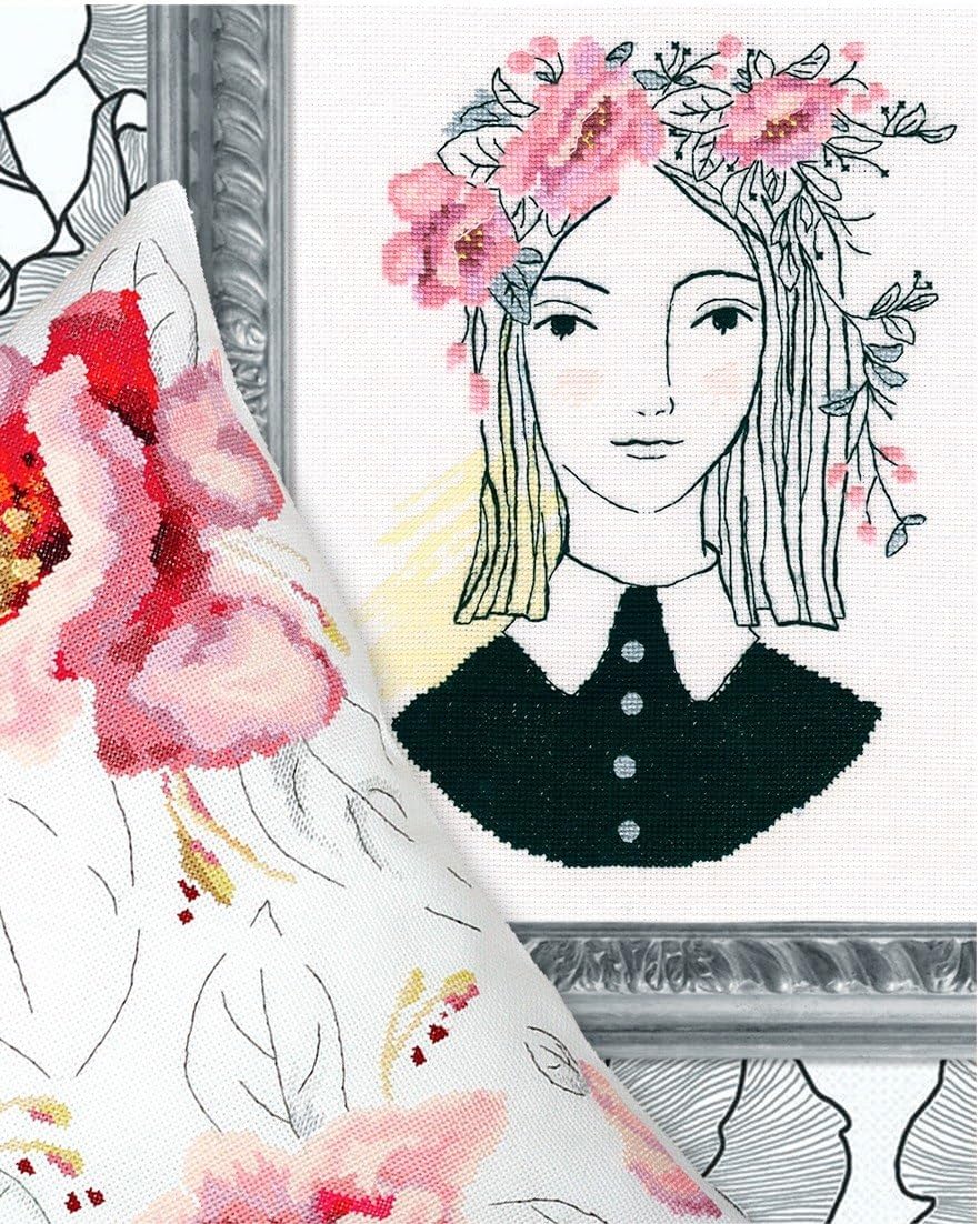 Wizardi Cross Stitch Kit The Haze of Pink Flowers M729 – Girl with Pink Flowers, 18ct White Zweigart Aida DMC 13 Colors Floss, Needle, Chart, 5.51x7.87 Kit for Adults RTO