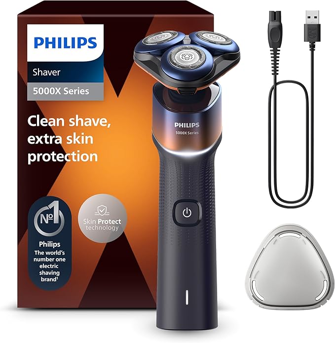 Philips Serie X5000 Afeitadora Eléctrica Hombre, Máquina de Afeitar Barba, 27 cuchillas, Cuida la piel, Cabezal flexible 360º, 50min de uso, En Seco y Húmedo, Recargable, X5012/00, Naranja