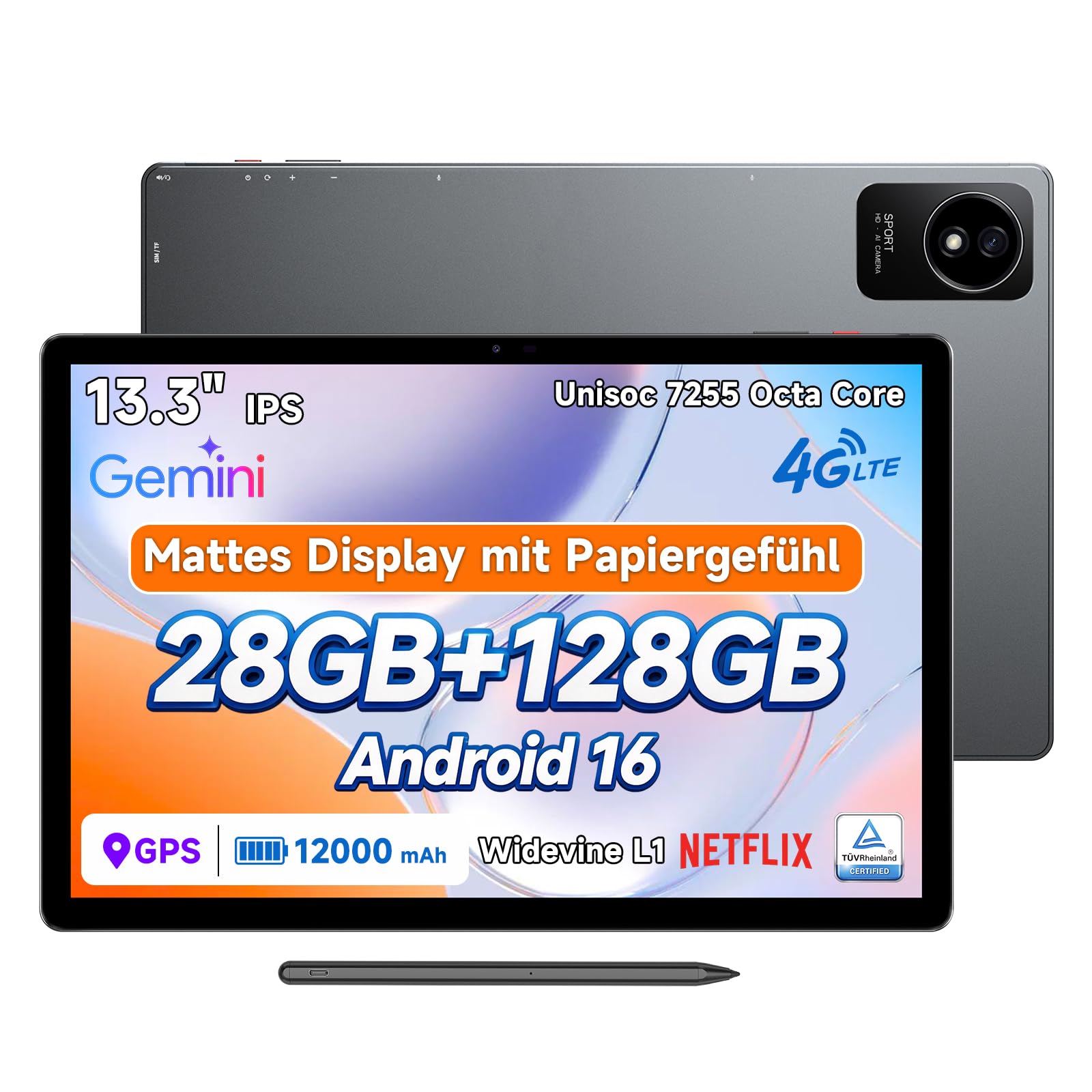 BMAX Tablet 13,3 Pulgadas con Lápiz Táctil, Android 16, 4G LTE, 28GB+128GB | Pantalla Mate Efecto Papel, Lápiz Táctil, 1920×1200 IPS, 12000mAh, Octa-Core, GMS, Widevine L1, Gemini AI, WiFi 5