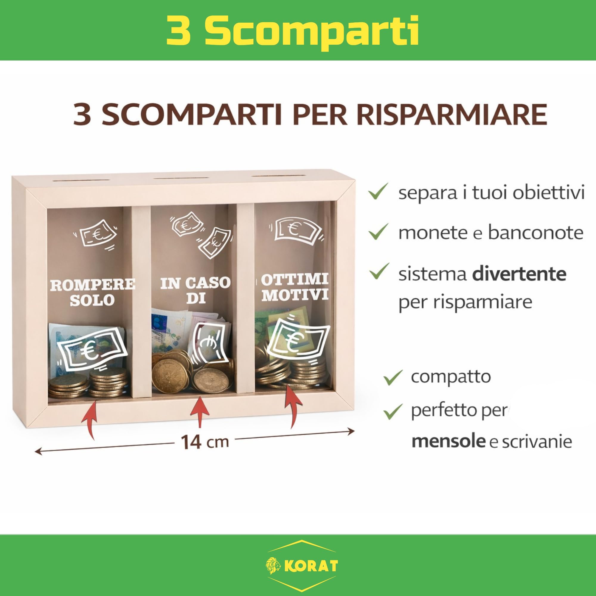 KORAT - Salvadanaio in MDF a 3 Scomparti con Frontale Trasparente – Scatola Risparmio Divertente per Monete e Banconote, Idea Regalo Originale, Organizer Scrivania 23x14,5x h. 5,5 cm