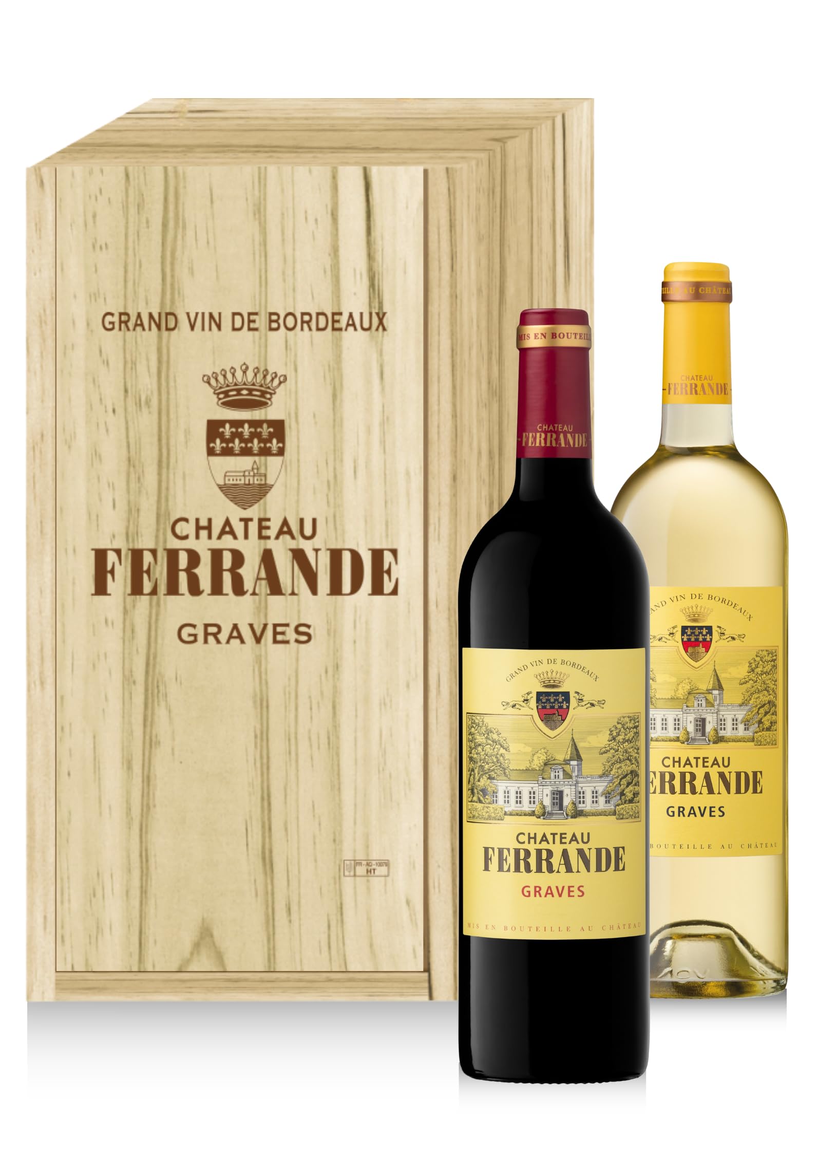 Coffret Cadeau Caisse Bois - Château Ferrande : Château Ferrande Rouge - Château Ferrande Blanc - Vin Rouge & Blanc- 2x75cl