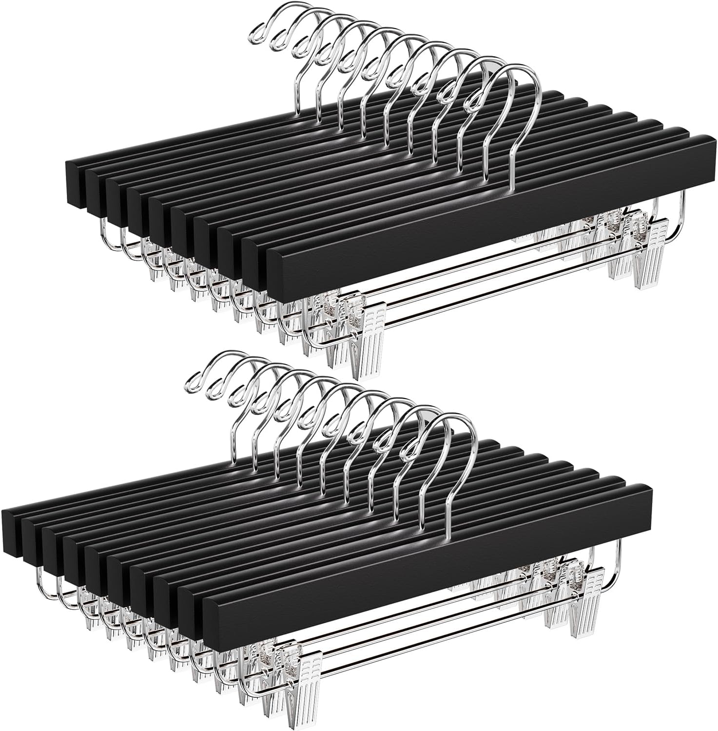 BAGAIL 20 Pack Wooden Pants Hangers with Adjustable Clips, 360°Swivel Hook Space Saving Skirt Holders with Anti-Rust Clips for Trousers, Jeans, Shorts (Black)