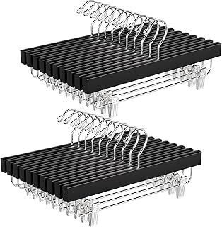 BAGAIL 20 Pack Wooden Pants Hangers with Adjustable Clips, 360°Swivel Hook Space Saving Skirt Holders with Anti-Rust Clips for Trousers, Jeans, Shorts (Black)