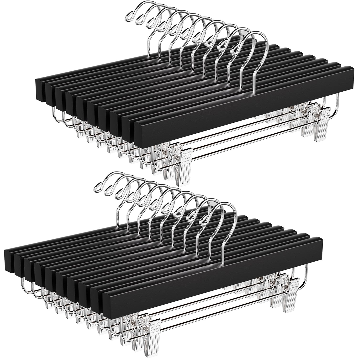 Photo 1 of BAGAIL 20 Pack Wooden Pants Hangers with Adjustable Clips, 360°Swivel Hook Space Saving Skirt Holders with Anti-Rust Clips for Trousers, Jeans, Shorts (Black)