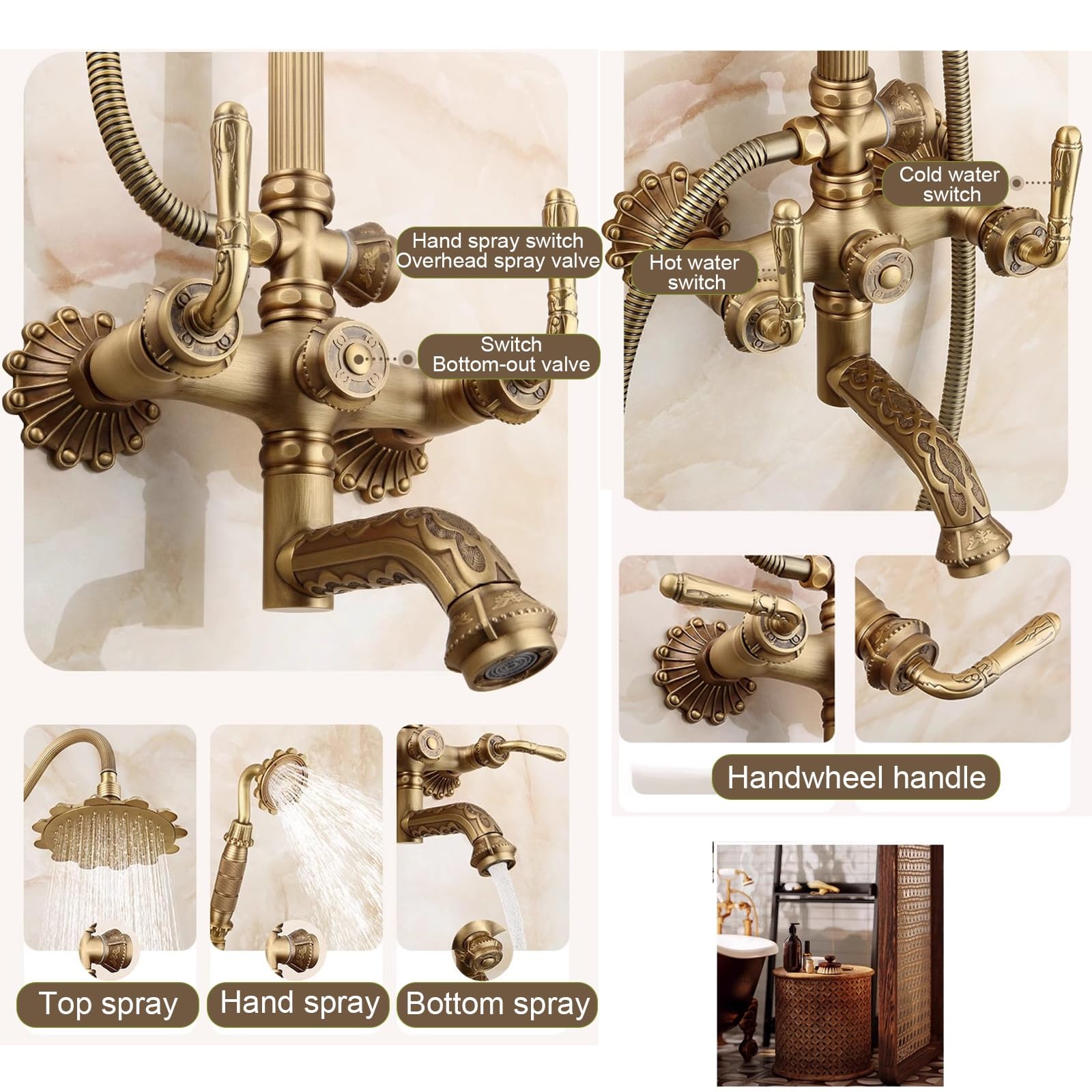Système de Douche en Laiton Antique, Système de Douche à 3 Fonctions avec Tuyau Apparent, Douchette Supérieure de 21 cm, Douchette à Main et Robinet Rotatif(A2)