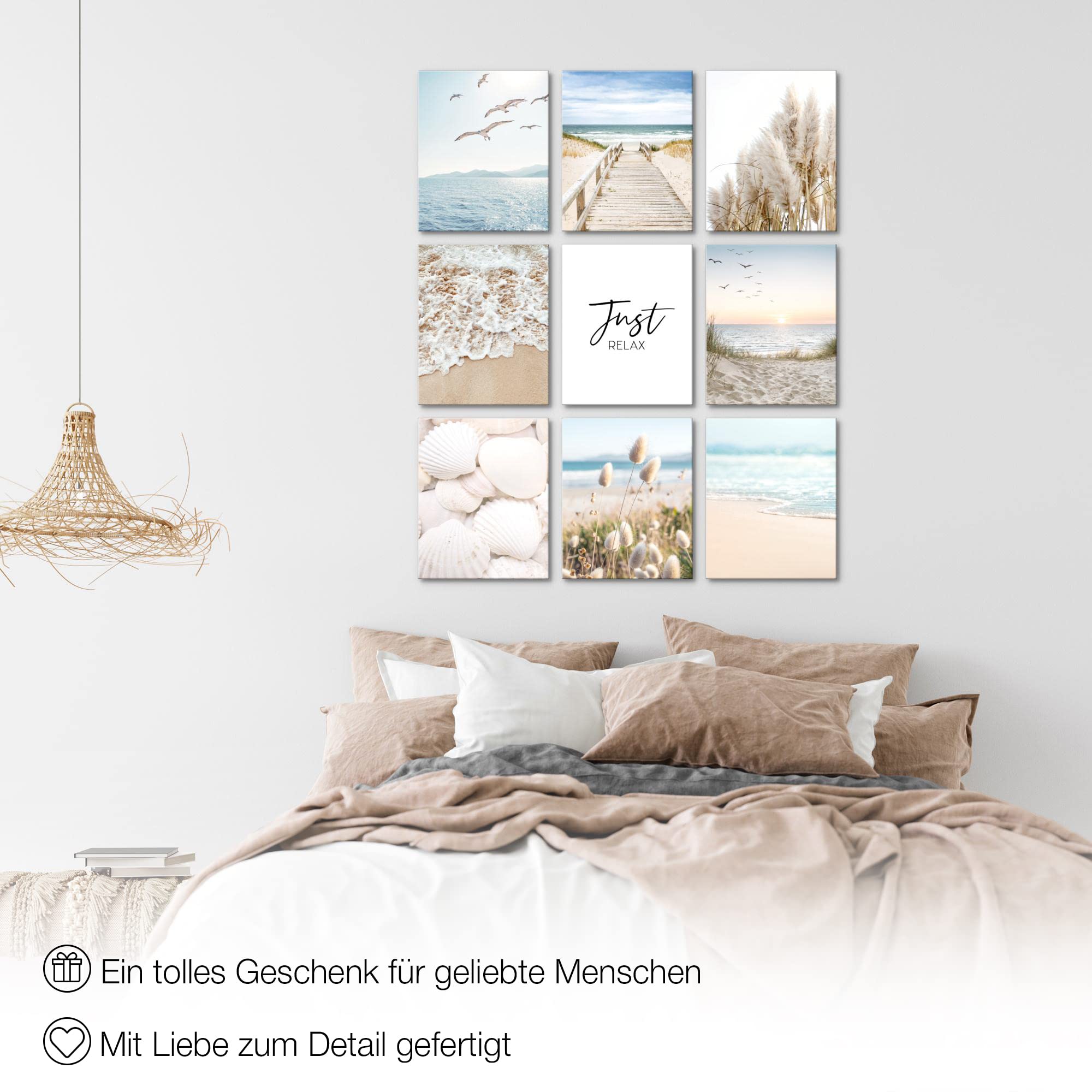 Novart Wandbilder Strand Meer - KOMPLETT AUFHÄNGFERTIG - Ostsee Wohnzimmer Schlafzimmer- 9 Moderne Bilder Set - N026091a