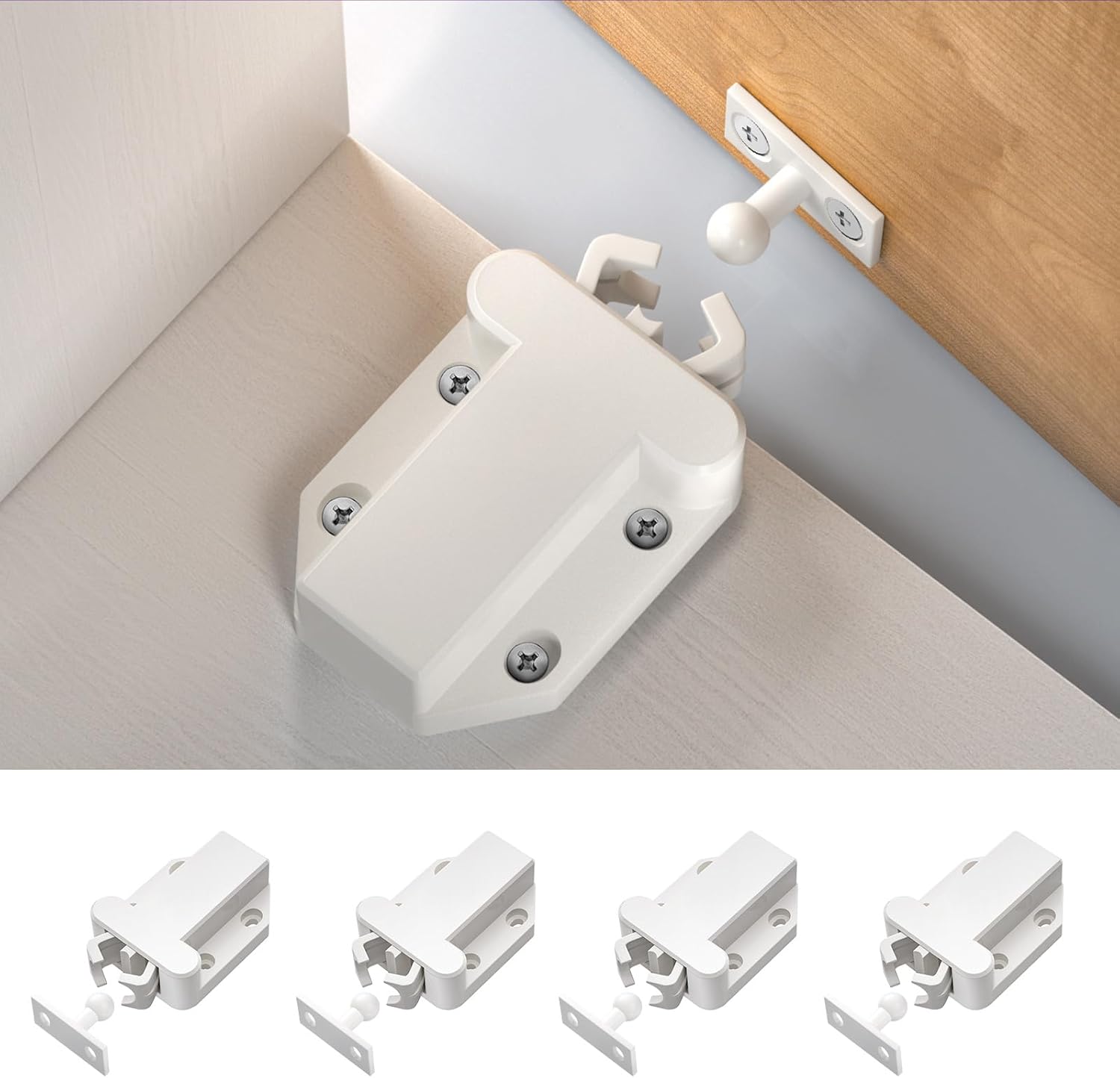 Cabinet Push Latch, Push to Open Catch Lock, Rebound Self-Locking Catch, Push to Open Door Latch Cabinet Hardware, for Cabinet Drawer Wardrobe Kitchen Door, White, 4 Pack