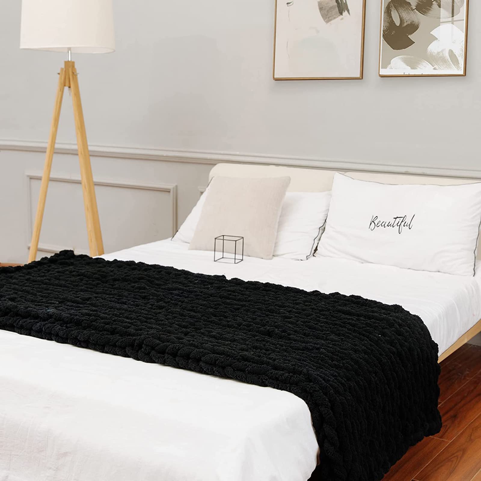 PRELGOSP Soft Chunky Knit Blanket, Handmade Knitted Blanket, Thick Warm Cable Knit Blanket Throw for Sofa Bed Armchair Garden and More,black,100x150cm
