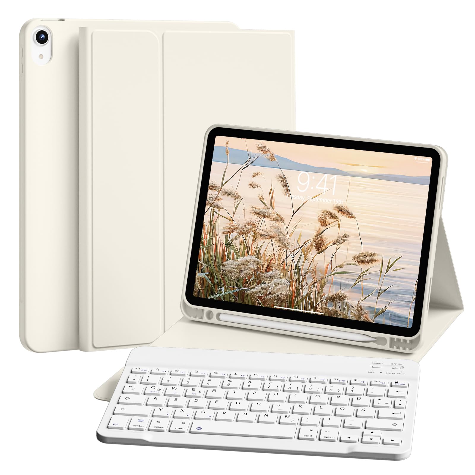 Custodia Con Tastiera Per IPad 10/11 Generazione ZKTUYU - Magnetica, Portapenne, Bianco Crema, QWERTZ