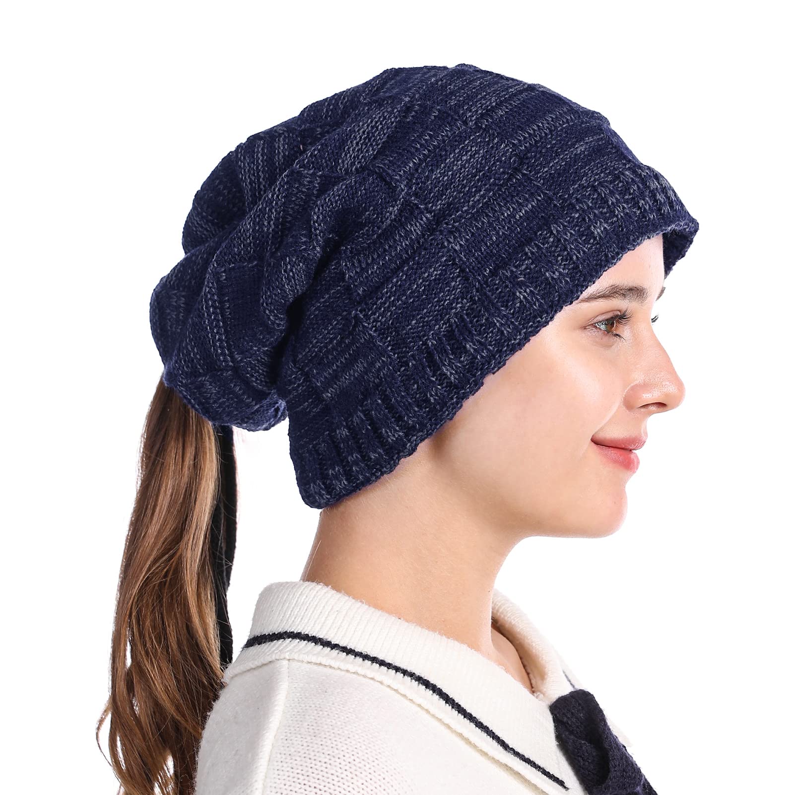 Tutuko Winter Knitted Ponytail Beanie Hat for Women, Unisex Warm Fleece Lined Skull Cap