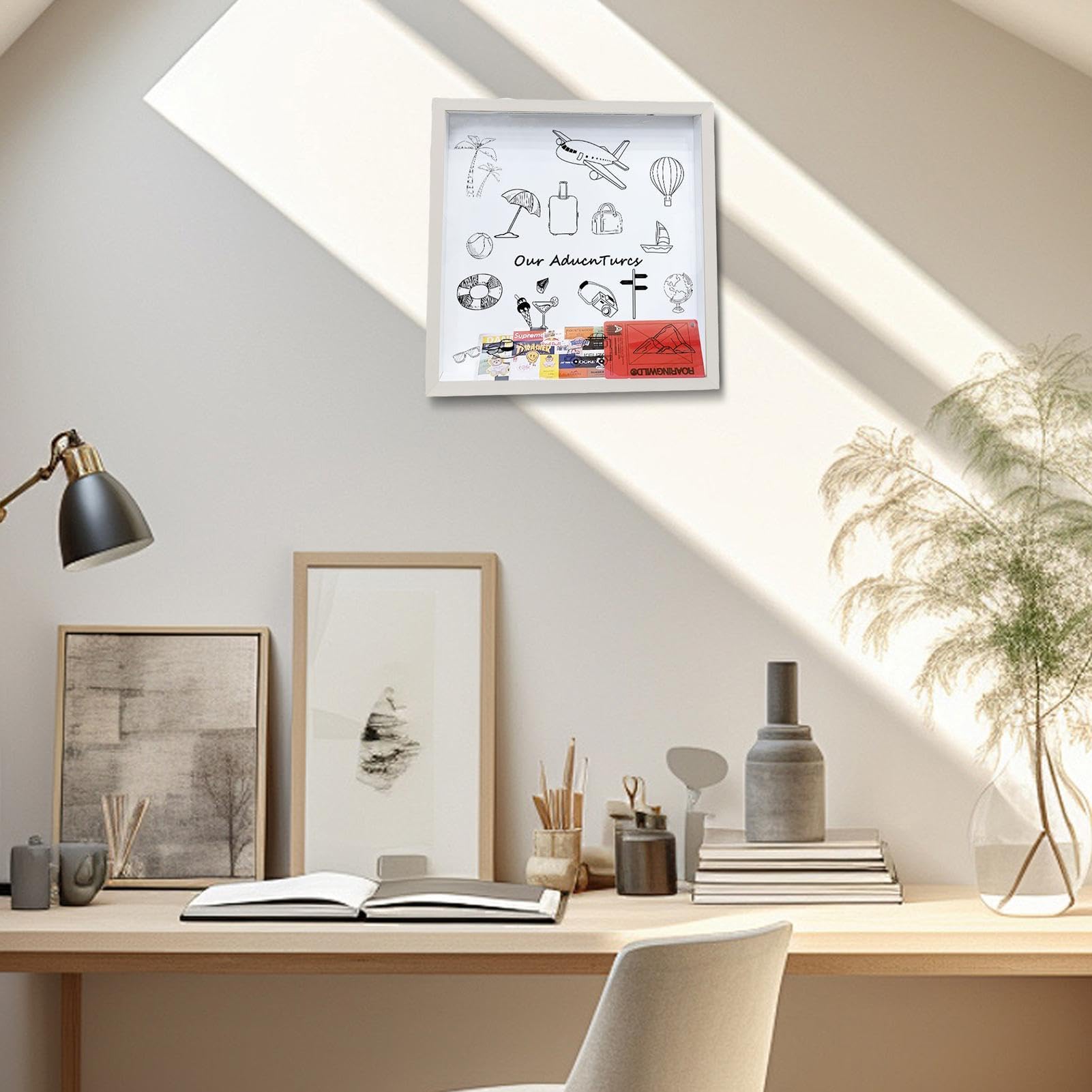 Avontuur archiefdoos, hout, 29 x 29 cm, reisavontuur, archief, schaduwbox, reisverzamelbox, tickets, shadow box met slot, -fotolijst om te vullen, houten lijst, reiticketbox