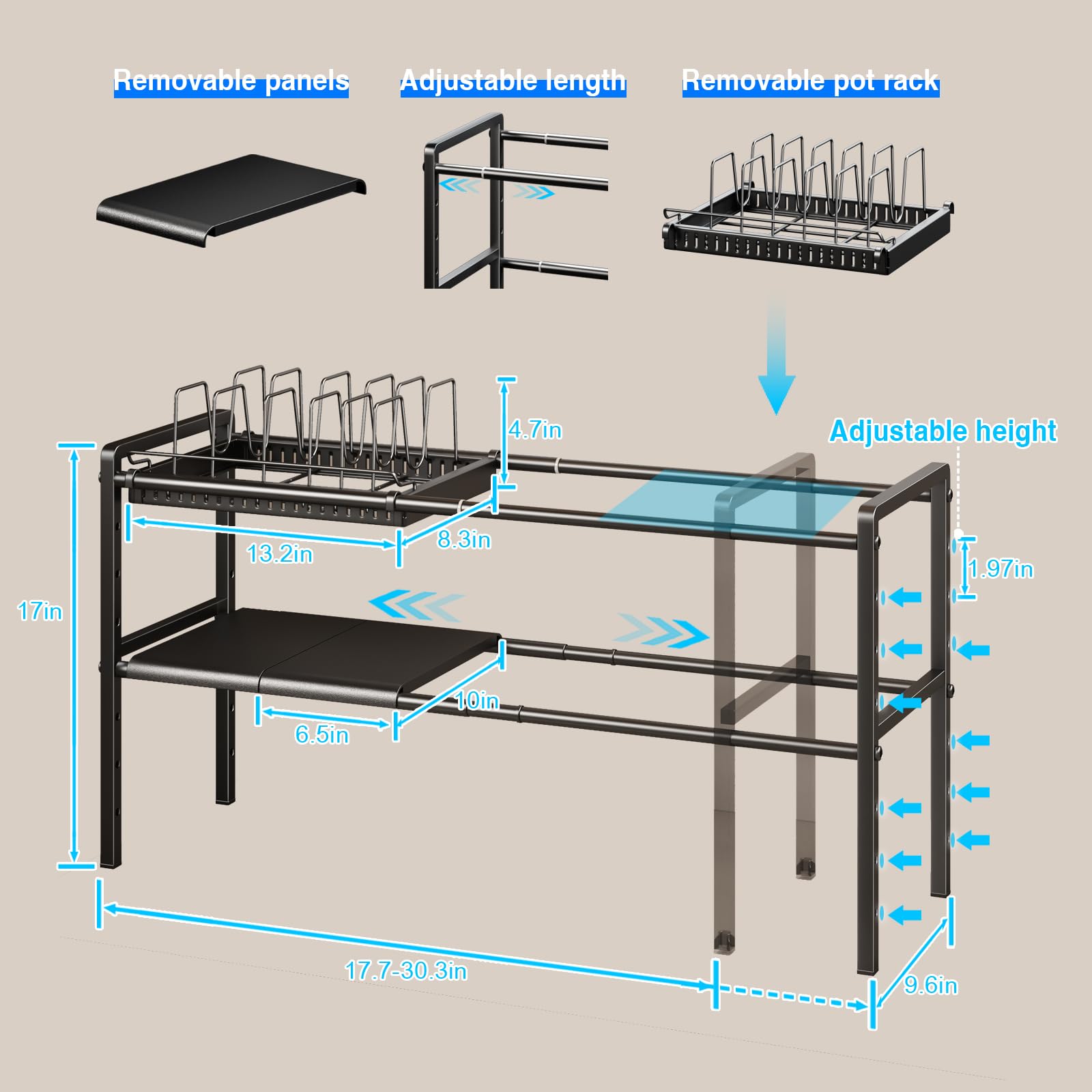 Mustorn Organizador Sartenes Espandibile, 2 Niveles Organizador Sartenes Y Ollas Cajon, Soporte Para Tapas De Ollas Altura Ajustable, Soporte Sartenes Con 12 Separadores(Negro)