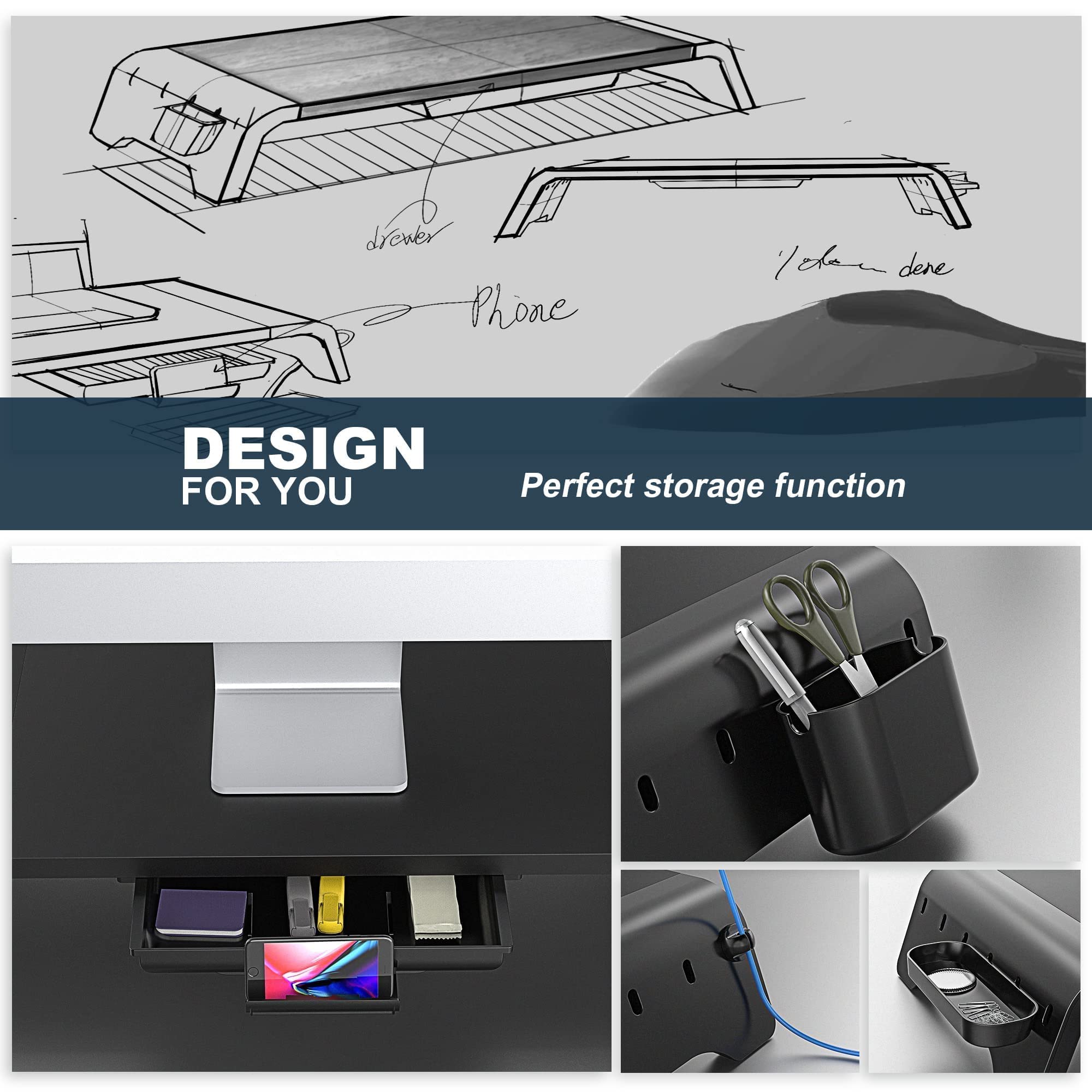 Fenge Soporte Monitor Elevador Monitor de Madera con Cajón y Soporte de Teléfono,Cajas de Almacenamiento Móviles L52xW23,5xH8,9cm Negro G04A1522B